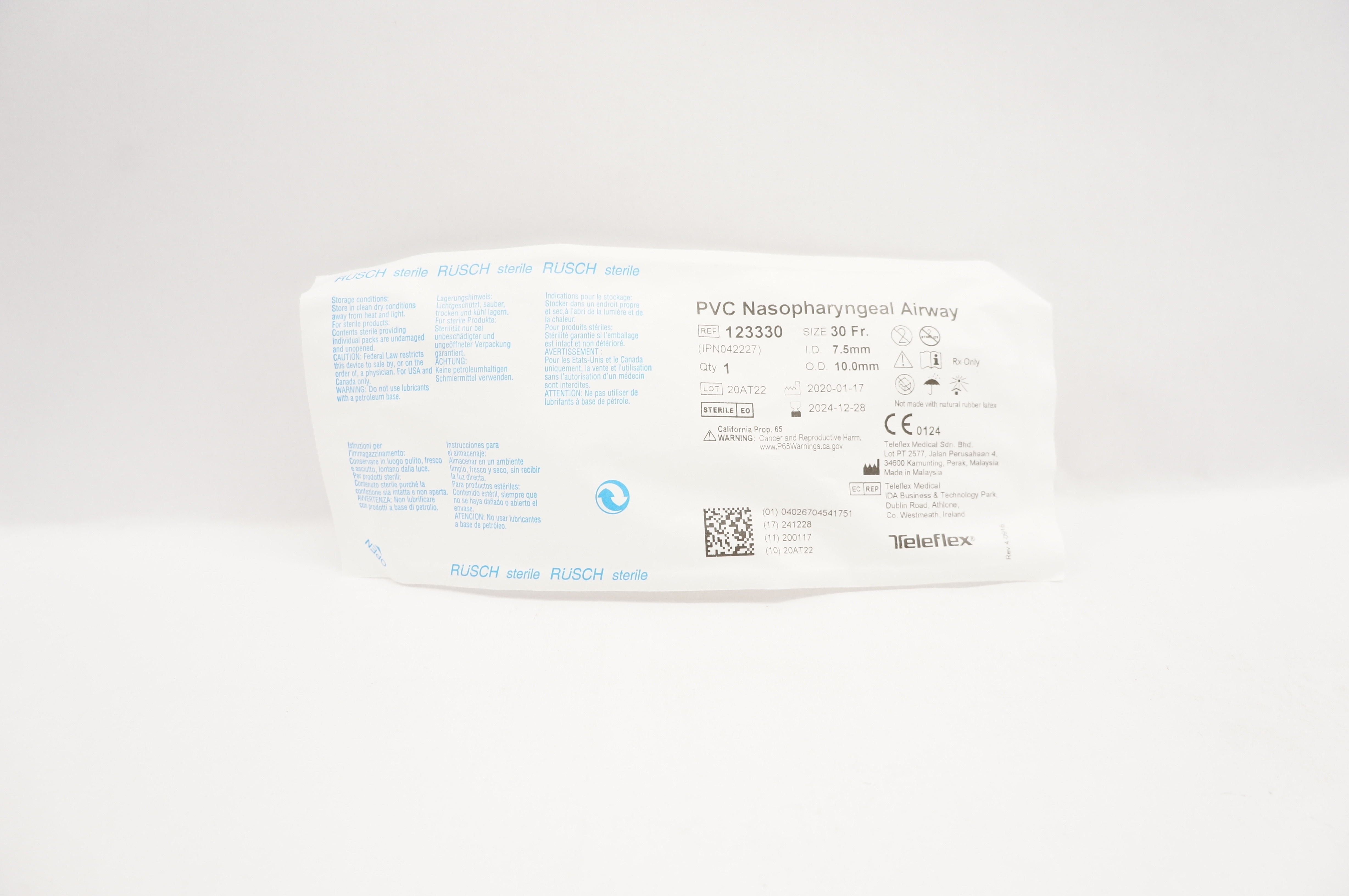 Teleflex 123330 Rusch PVC Nasopharyngeal Airway 30 Fr x 7.5mm I.D. x 10.0mm O.D.