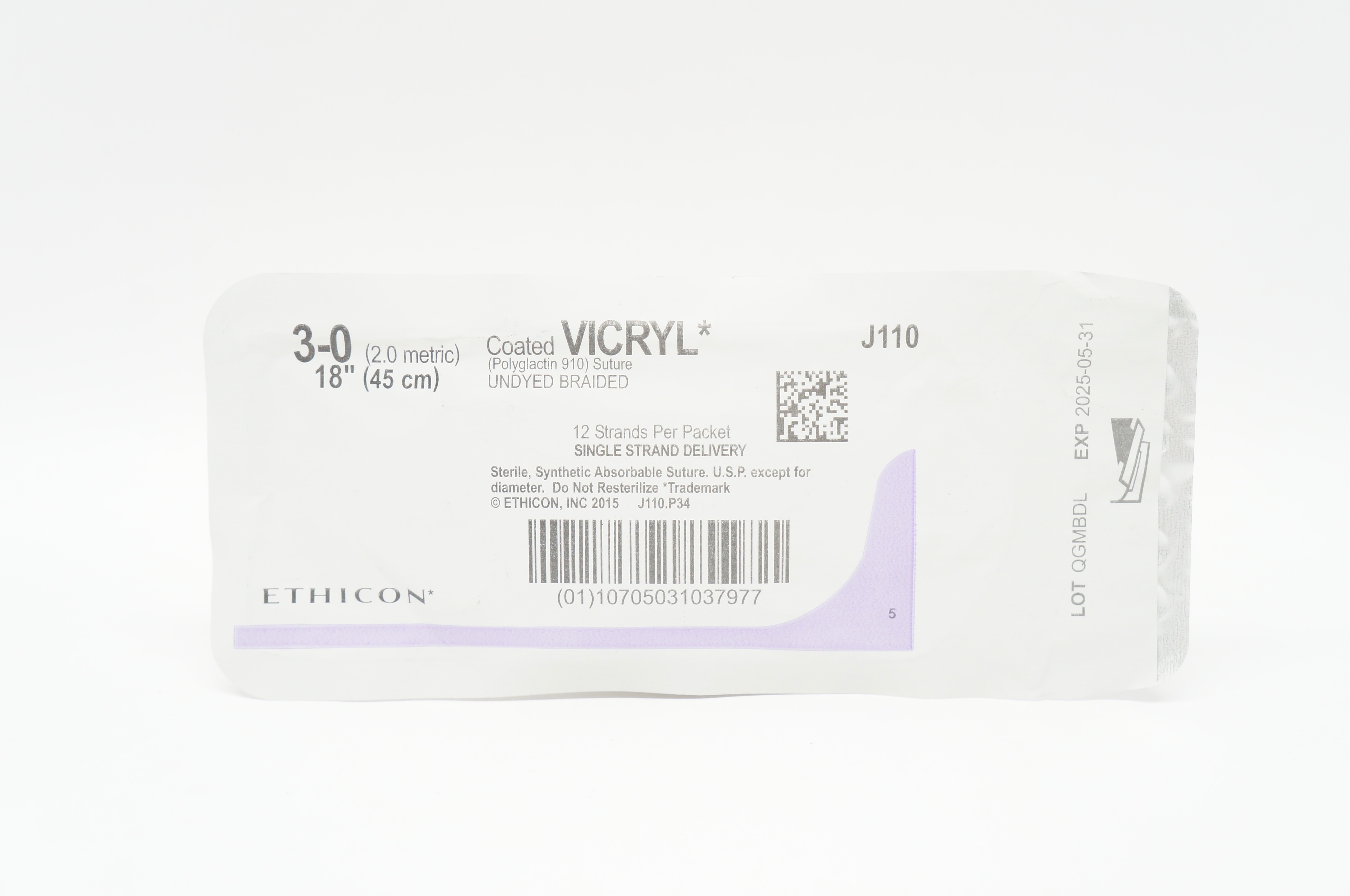 Ethicon J110 3-0 Coated VICRYL Polyglactin 910 Stre Undyed Braided, 18inch