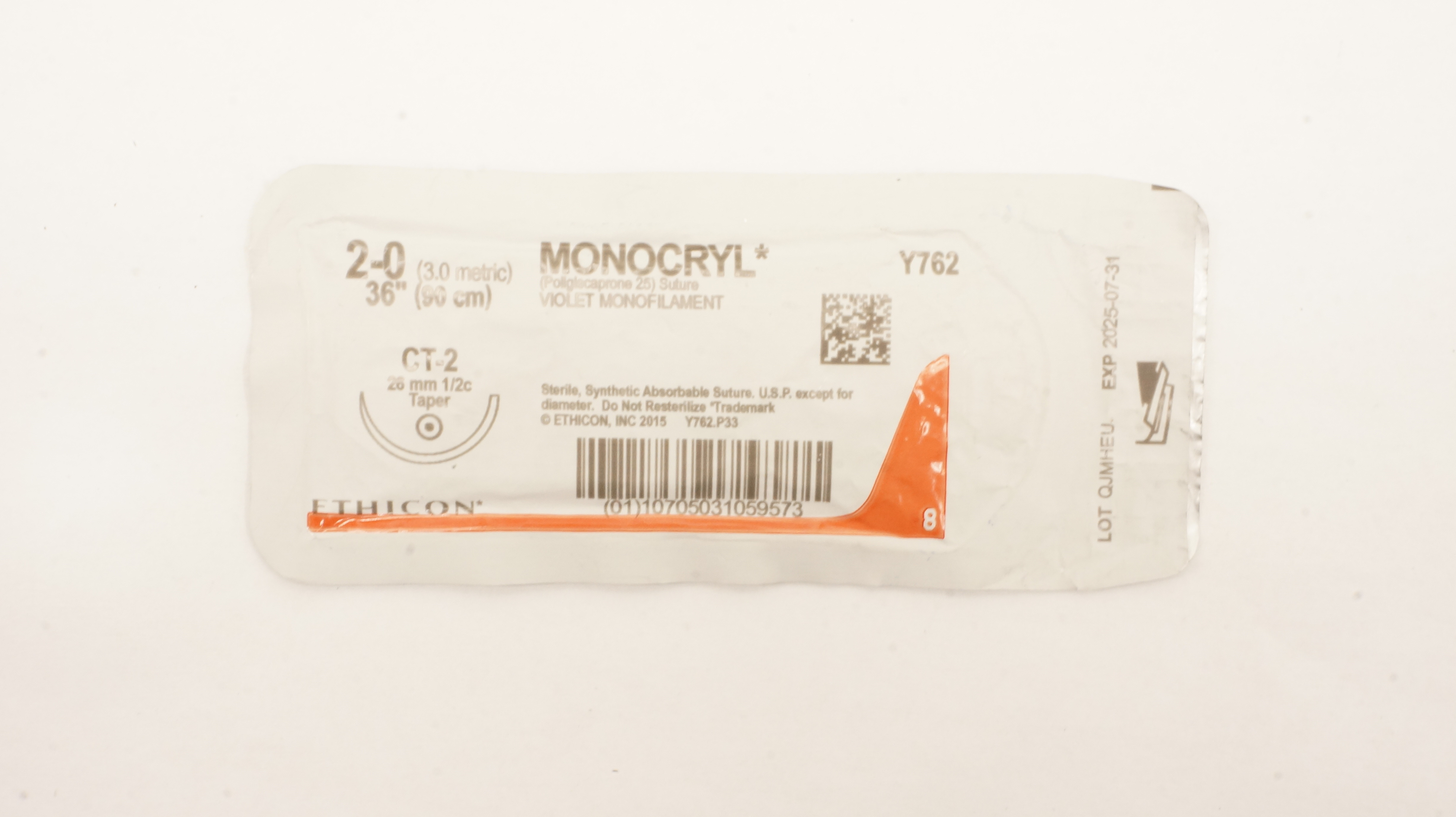 Ethicon Y762 2-0 Monocryl Stre Violet Monofilament CT-2 26mm 1/2c Taper, 36inch