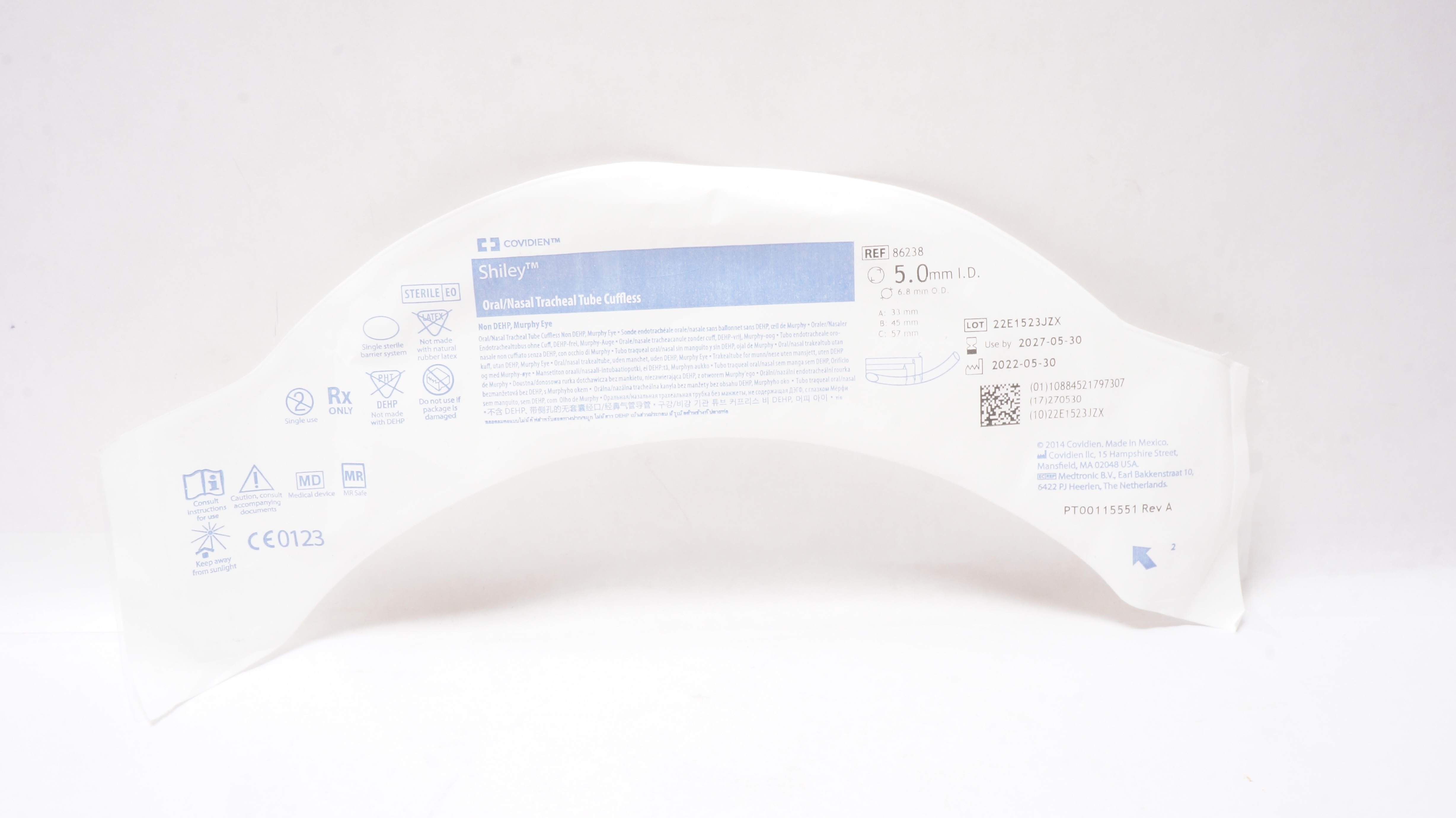 Covidien 86238 Shiley Oral/Nasal Tracheal Tube Cuffless 5.0mm ID x 6.8mm OD