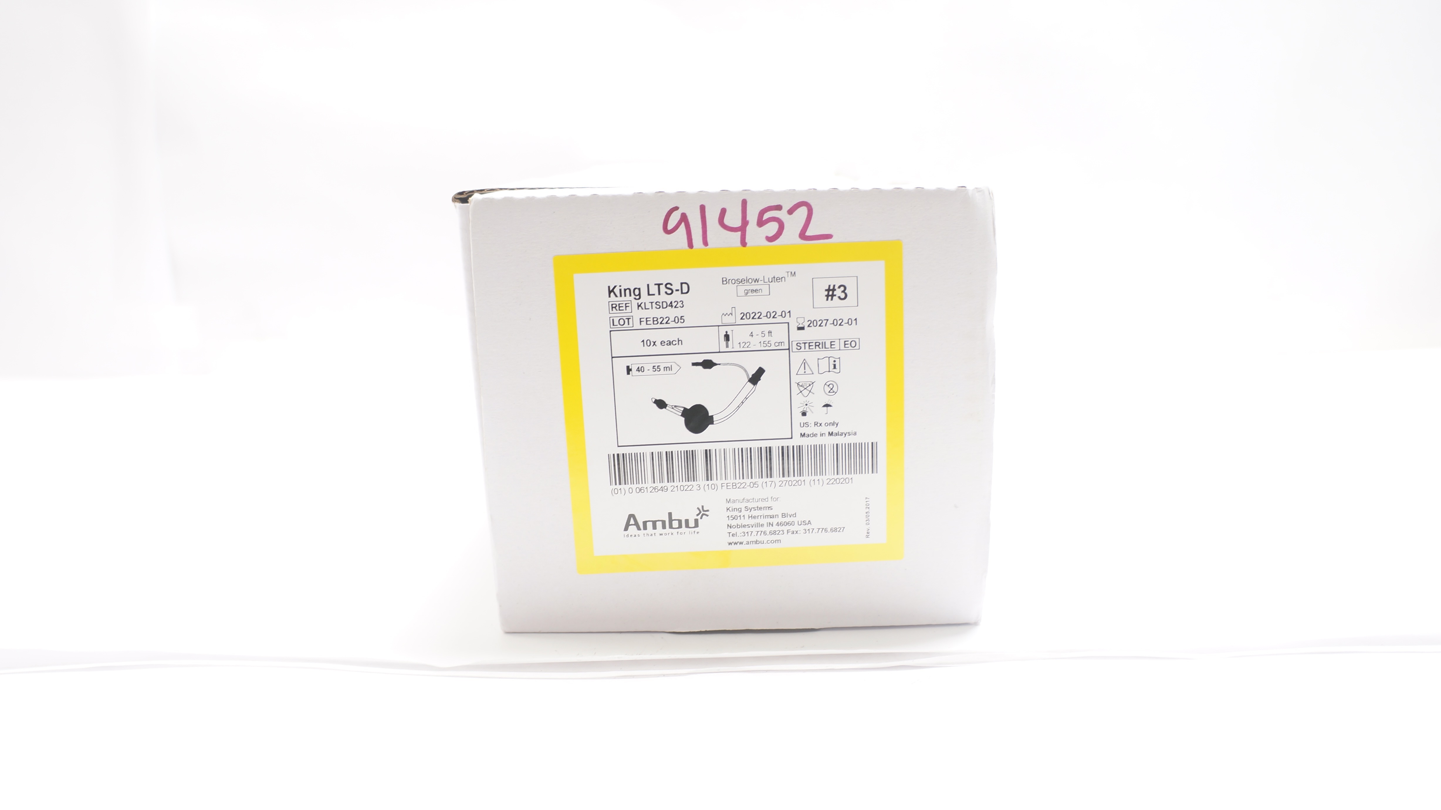 King Systems KLTSD423 Ambu King LTS-D Broselow-Luten Green 4-5Ft #3 (x)-Box of 5