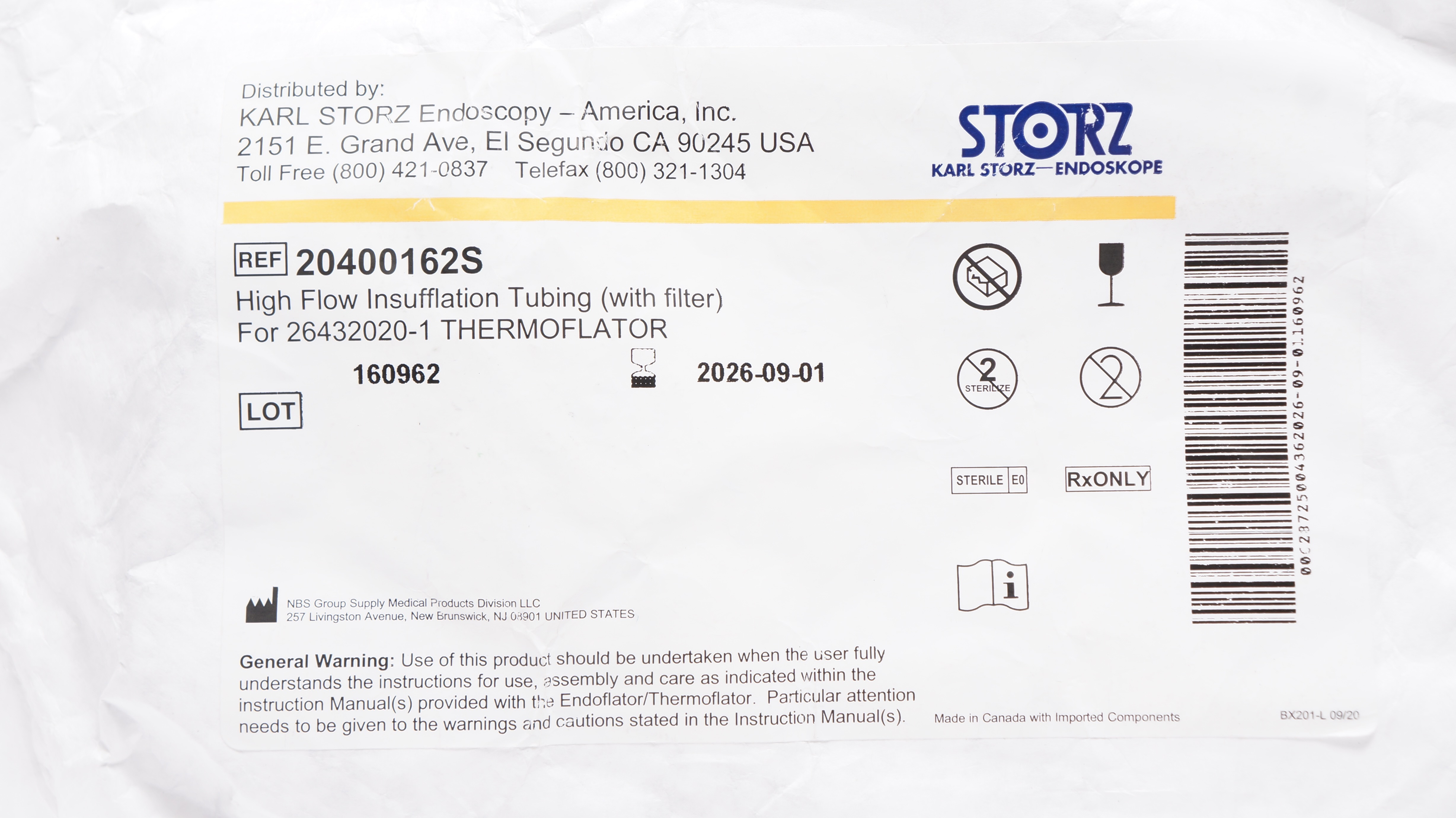NBS 20400162S Karl Storz Endoscopy High Flow Insufflation Tubing (with filter)