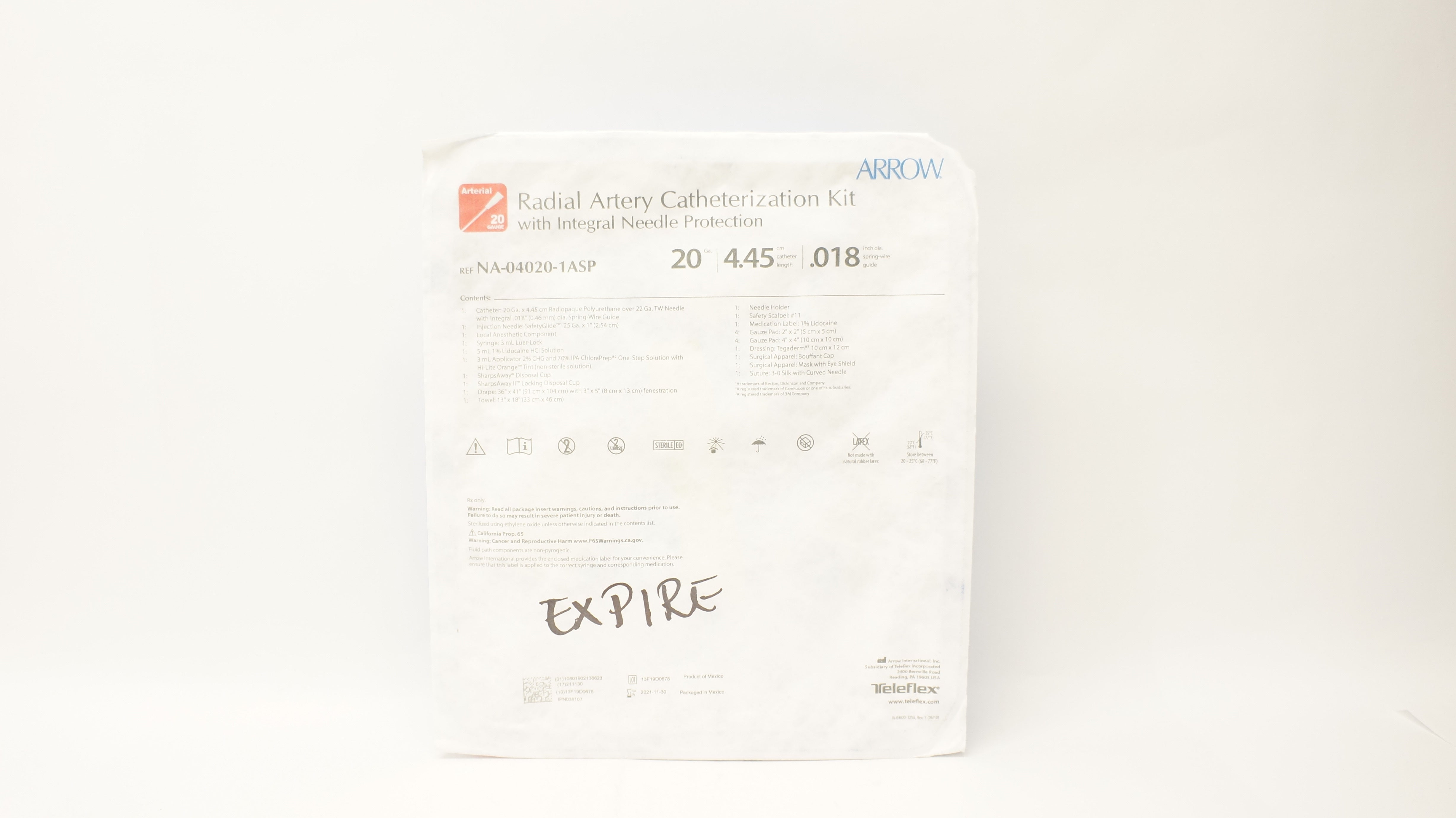 Arrow NA-04020-1ASP Radial Artery Cath Kit 20Ga. x 4.45cm x .018in (x)