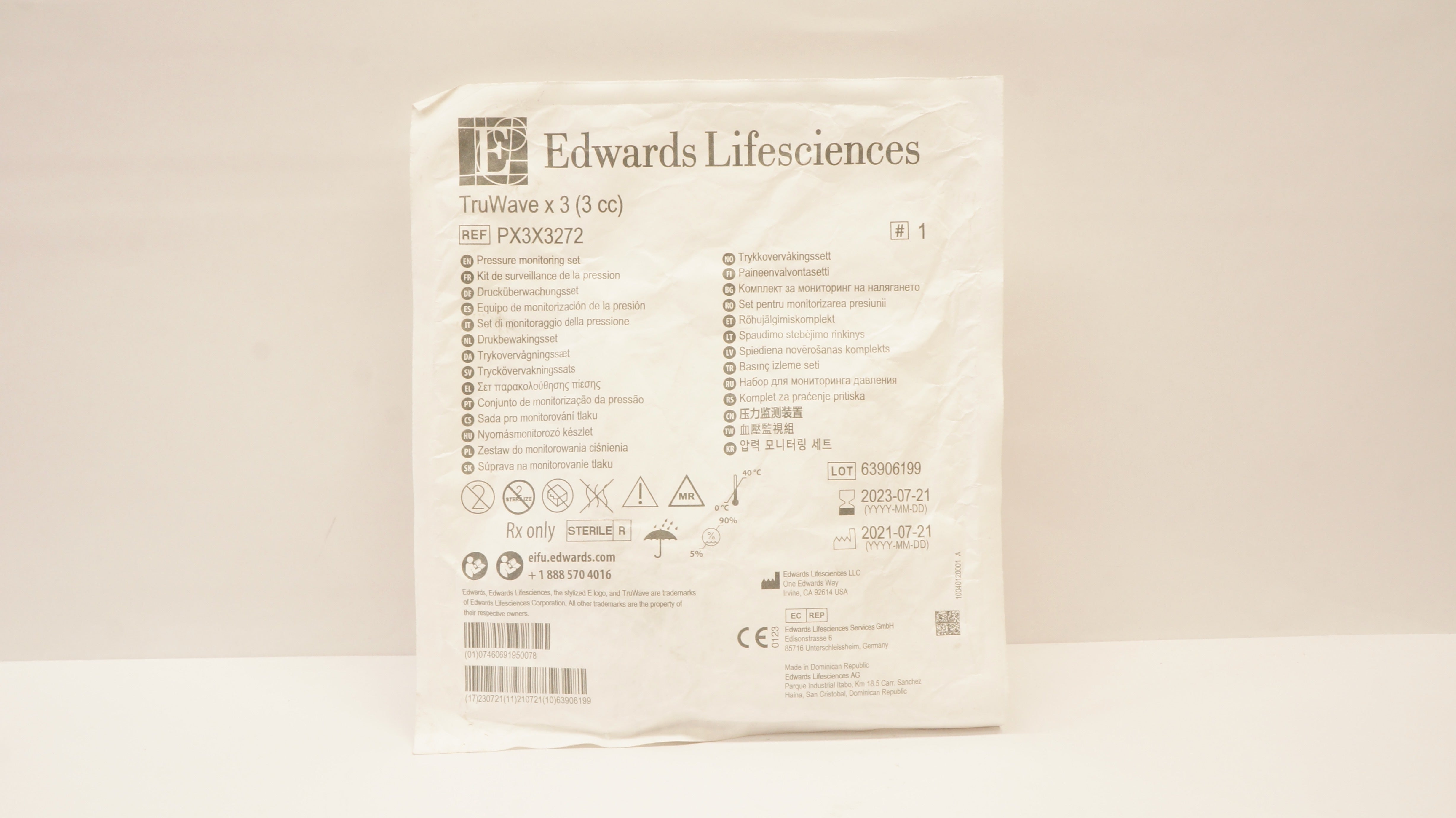 Edwards Lifesciences PX3X3272 Pressure Monitoring Set TruWave x 3cc