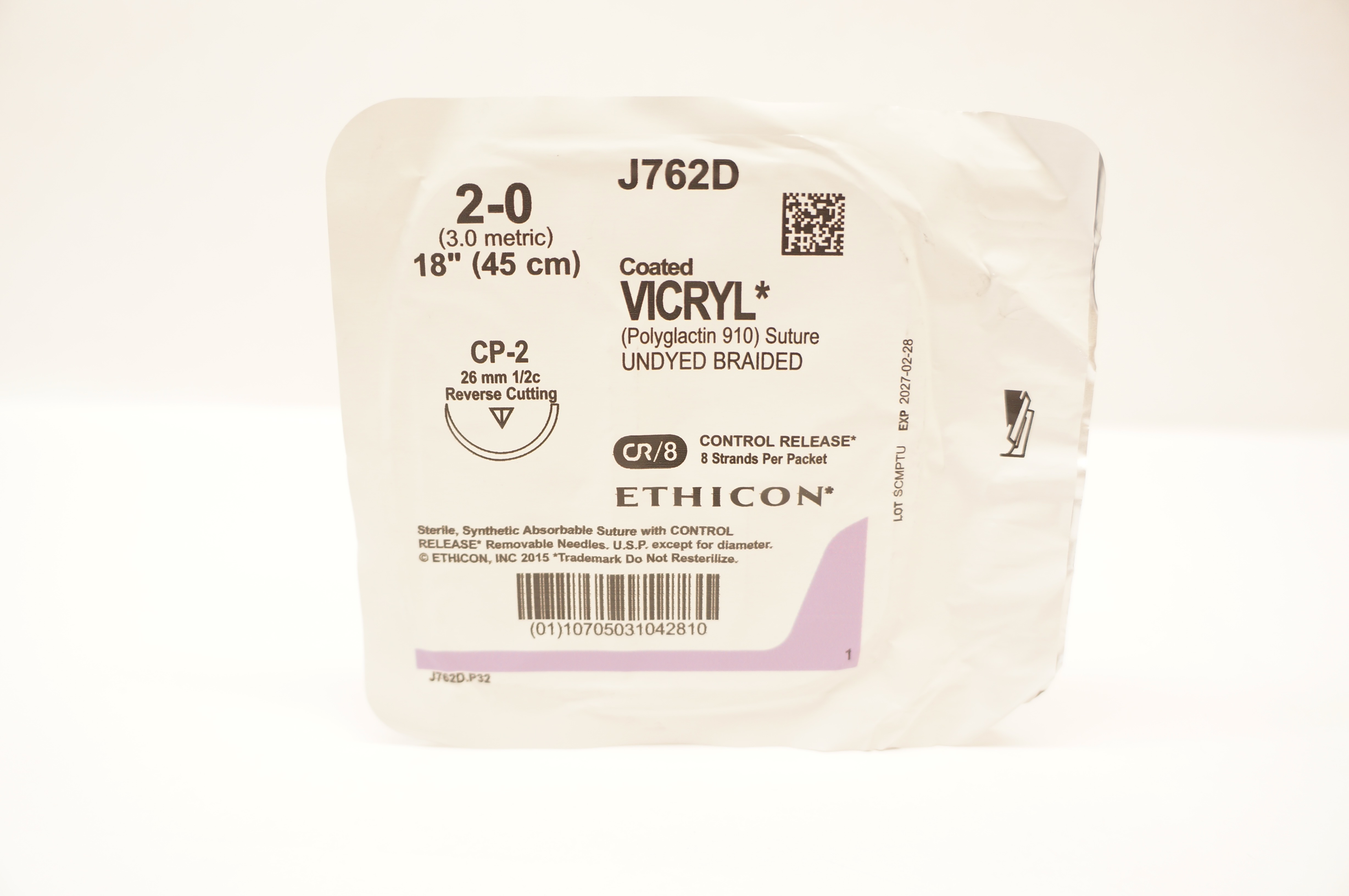 Ethicon J762D 2-0 Coated VICRYL, CP-2, 26mm 1/2c Reverse Cutting, 18inch