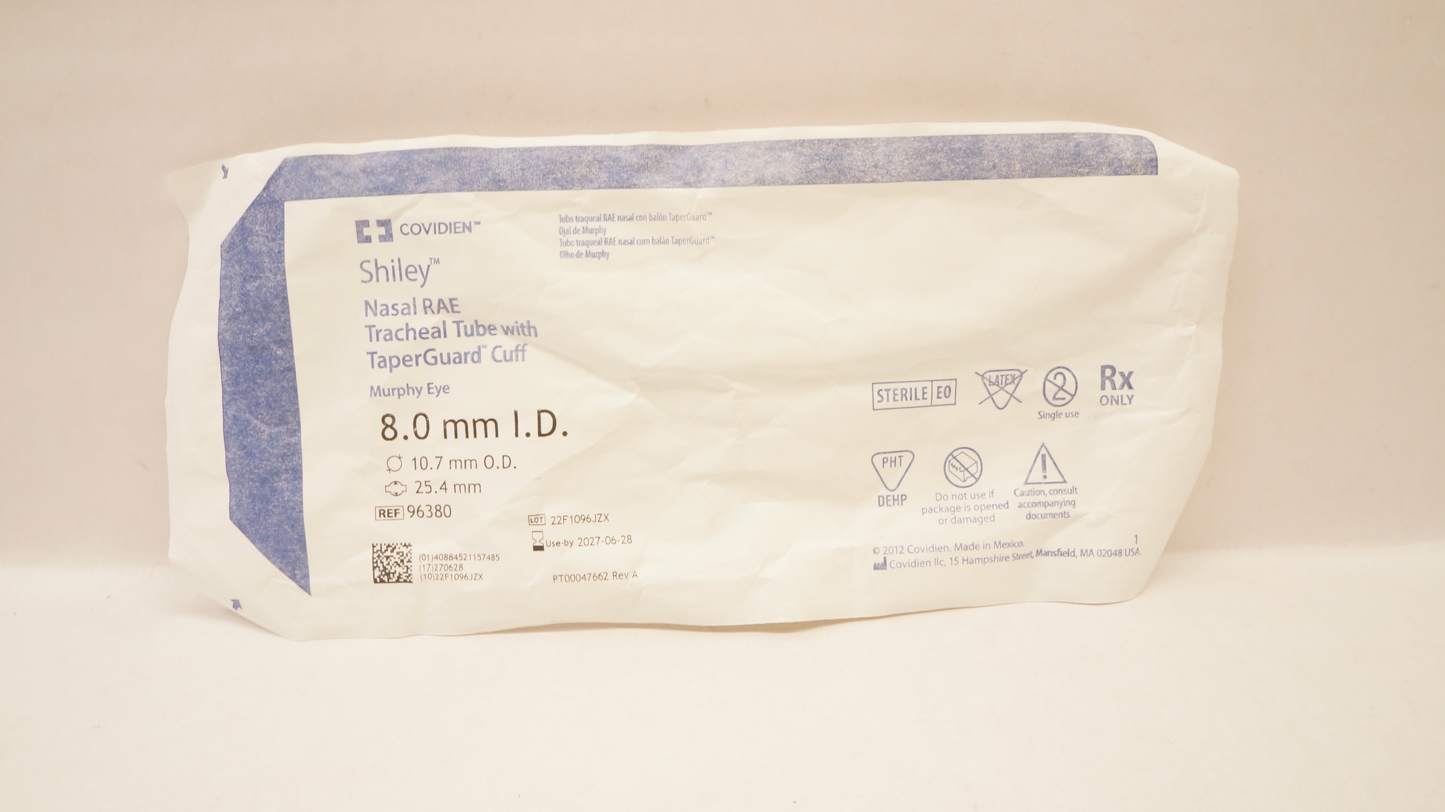 Covidien 96380 Shiley Nasal RAE Tracheal Tube w/Cuff 8.0ID x 10.7OD x 25.4mm