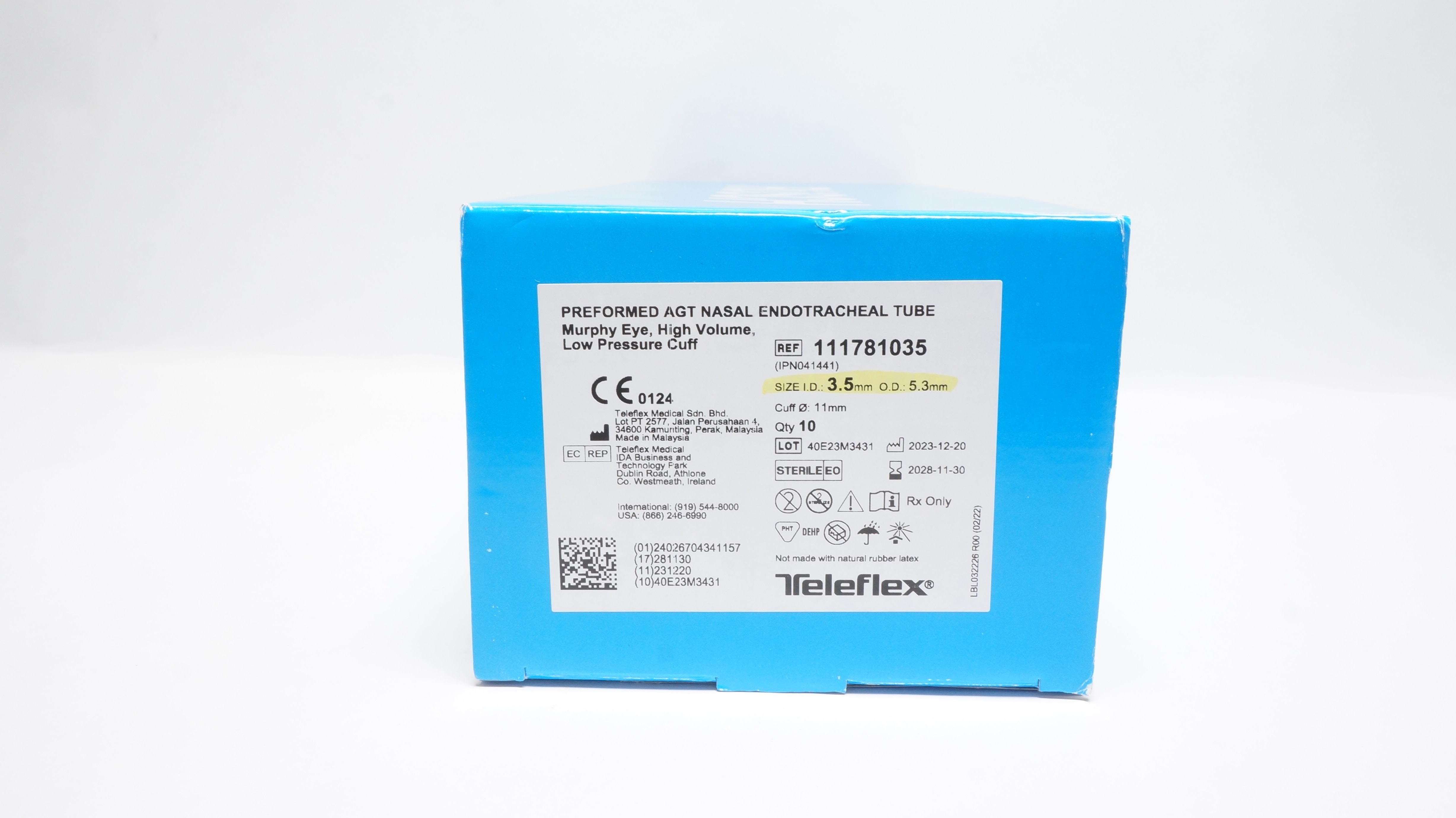 Teleflex 111781035 AGT Nasal Endotracheal Tube 3.5 x 5.3 x 11.0mm - Box of 8