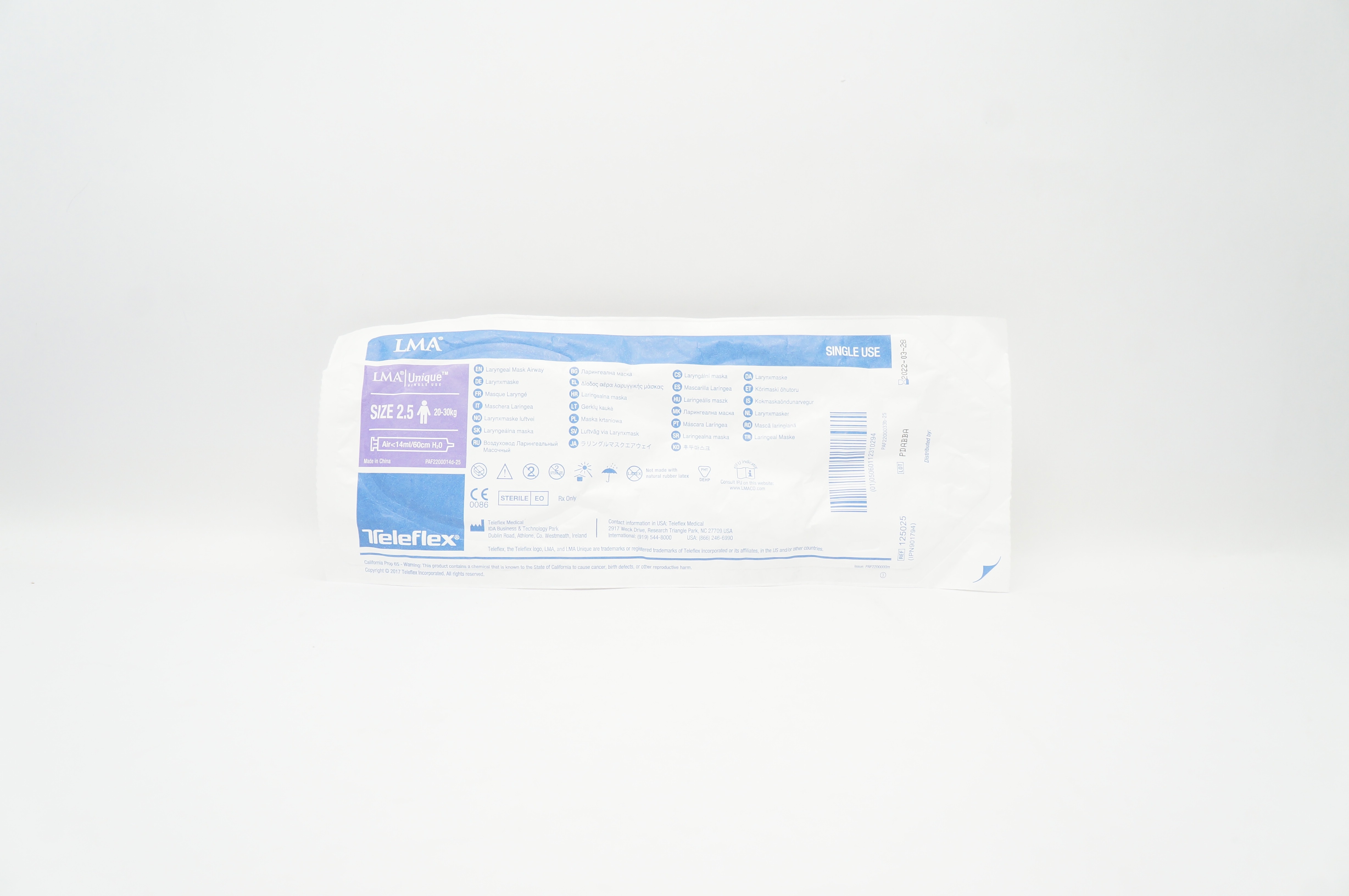 Teleflex 125025 LMA Unique Laryngeal Mask Airway, Size 2.5, 20-30kg (x)