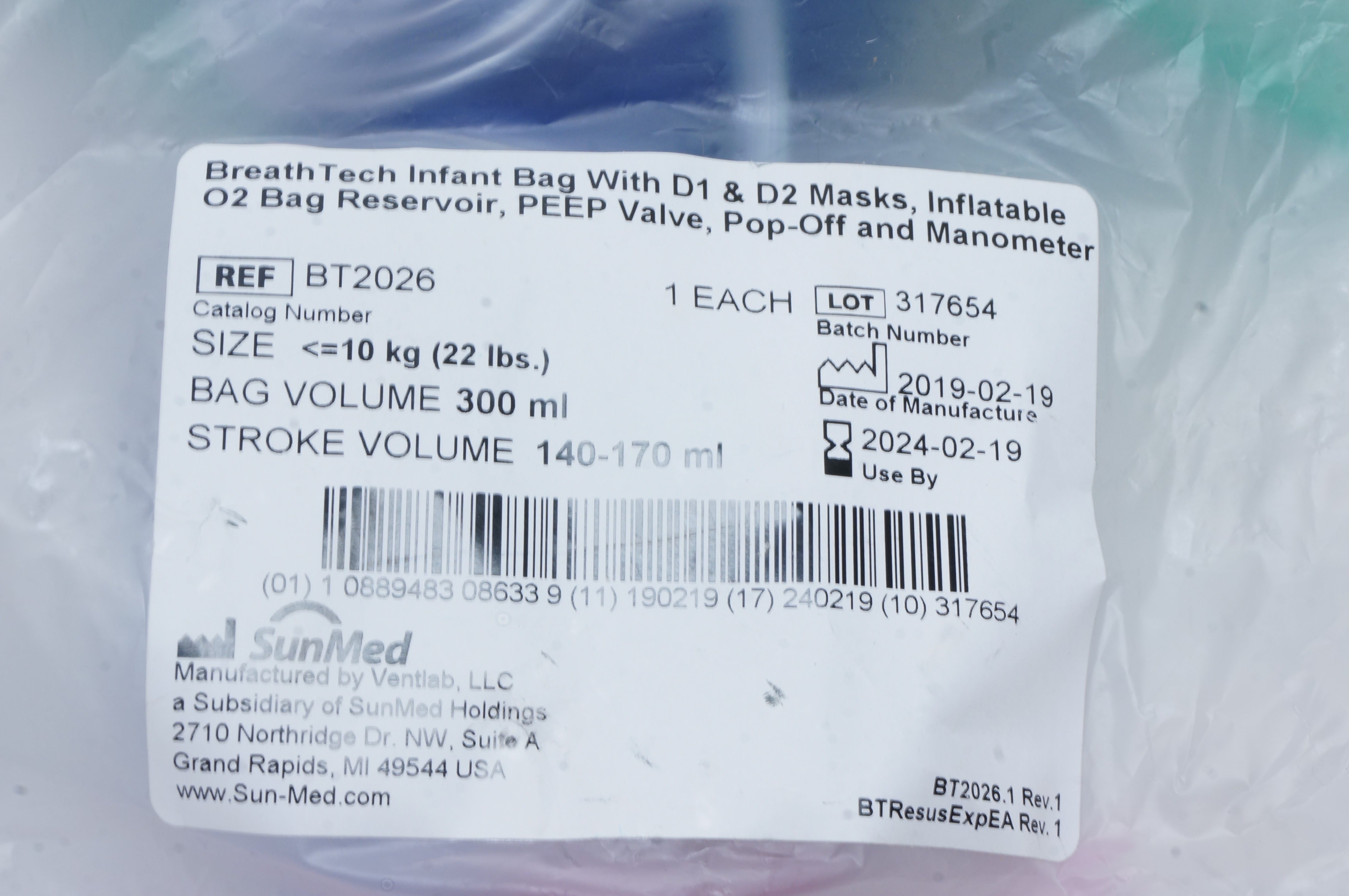 SunMed BT2026 BreathTech Infant Bag with D1 & D2 Masks,Size 22lbs, Bag Vol.300ml