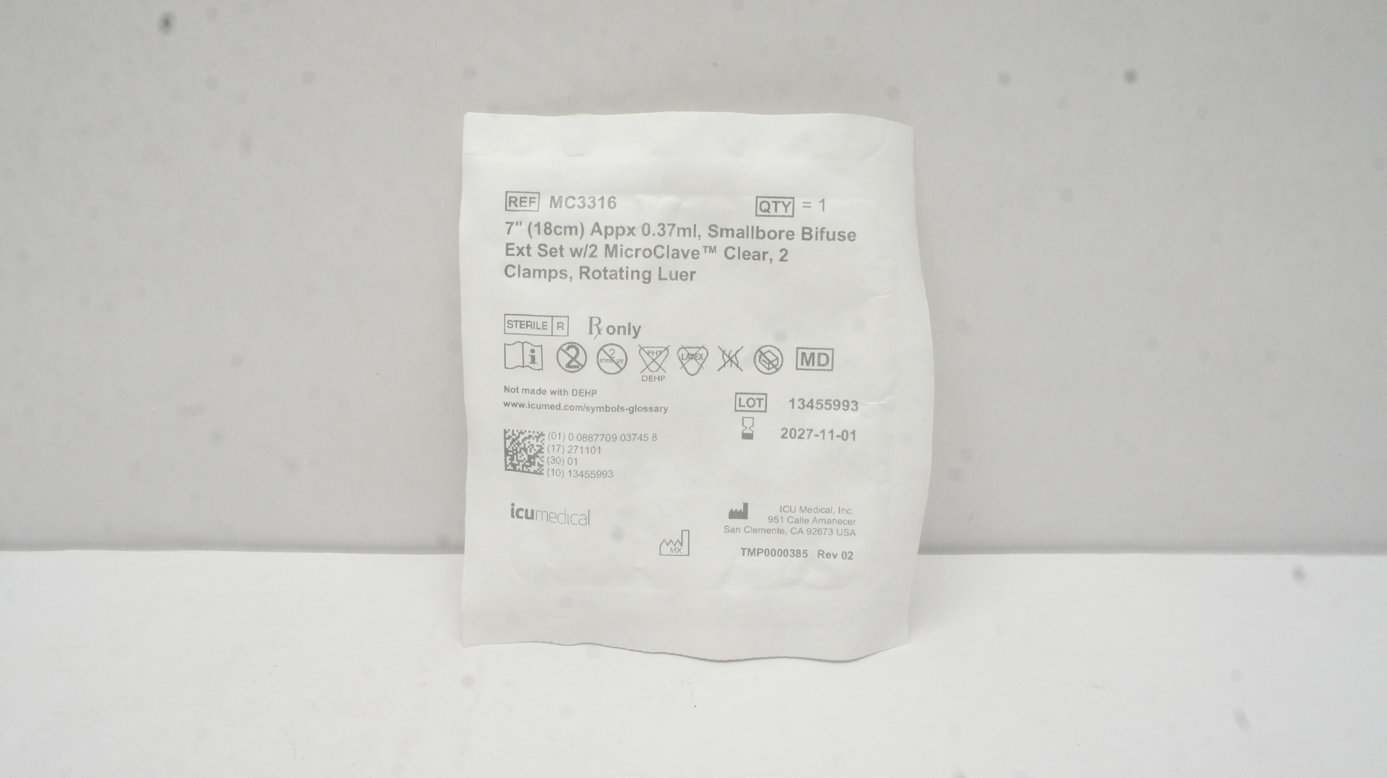 Icu Medical MC3316 7In Apex 0.37ml,Smallbore Bifuse Ext Set