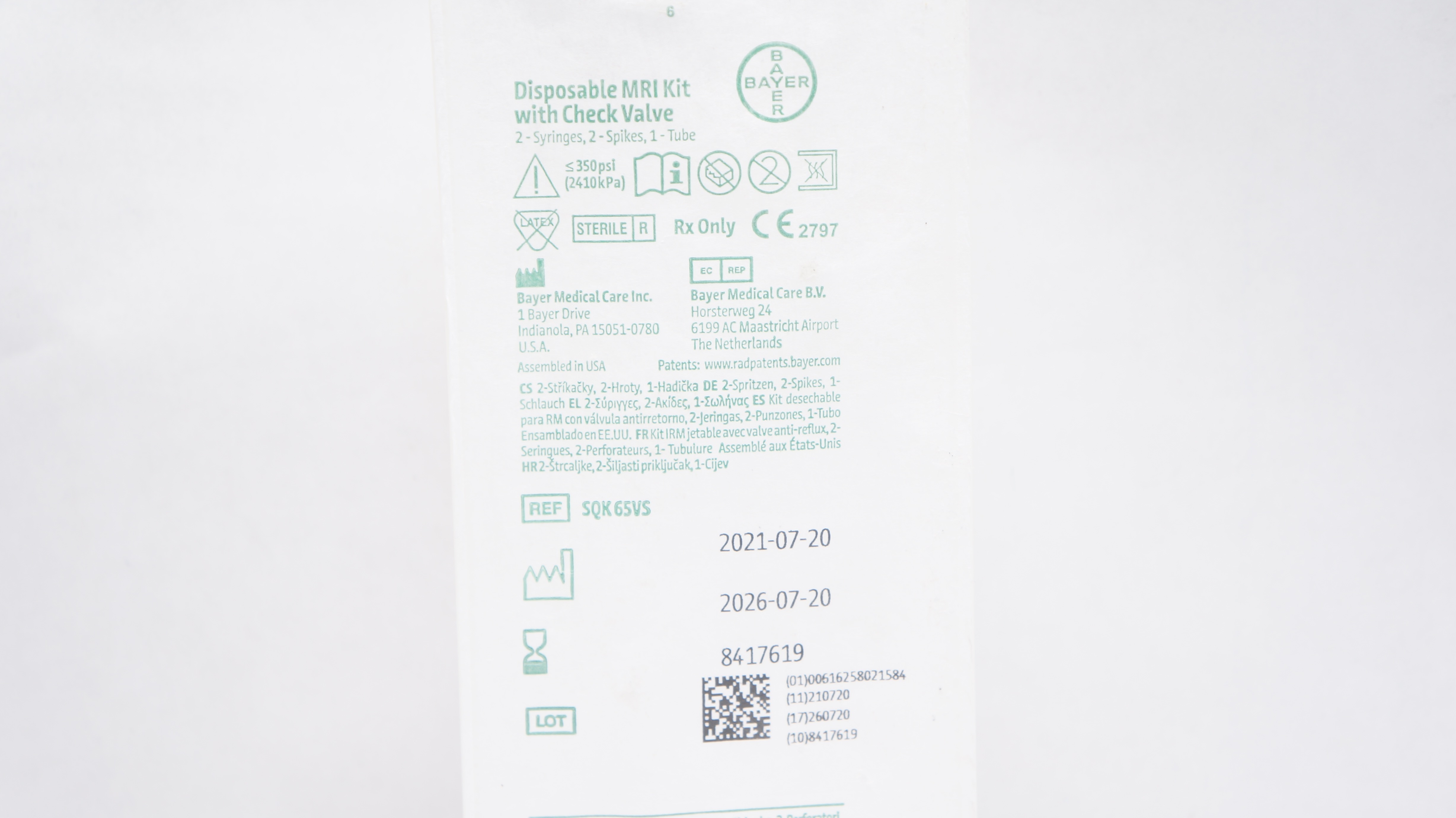 Bayer Medical SQK65VS Disposable MRI Kit with Check Valve