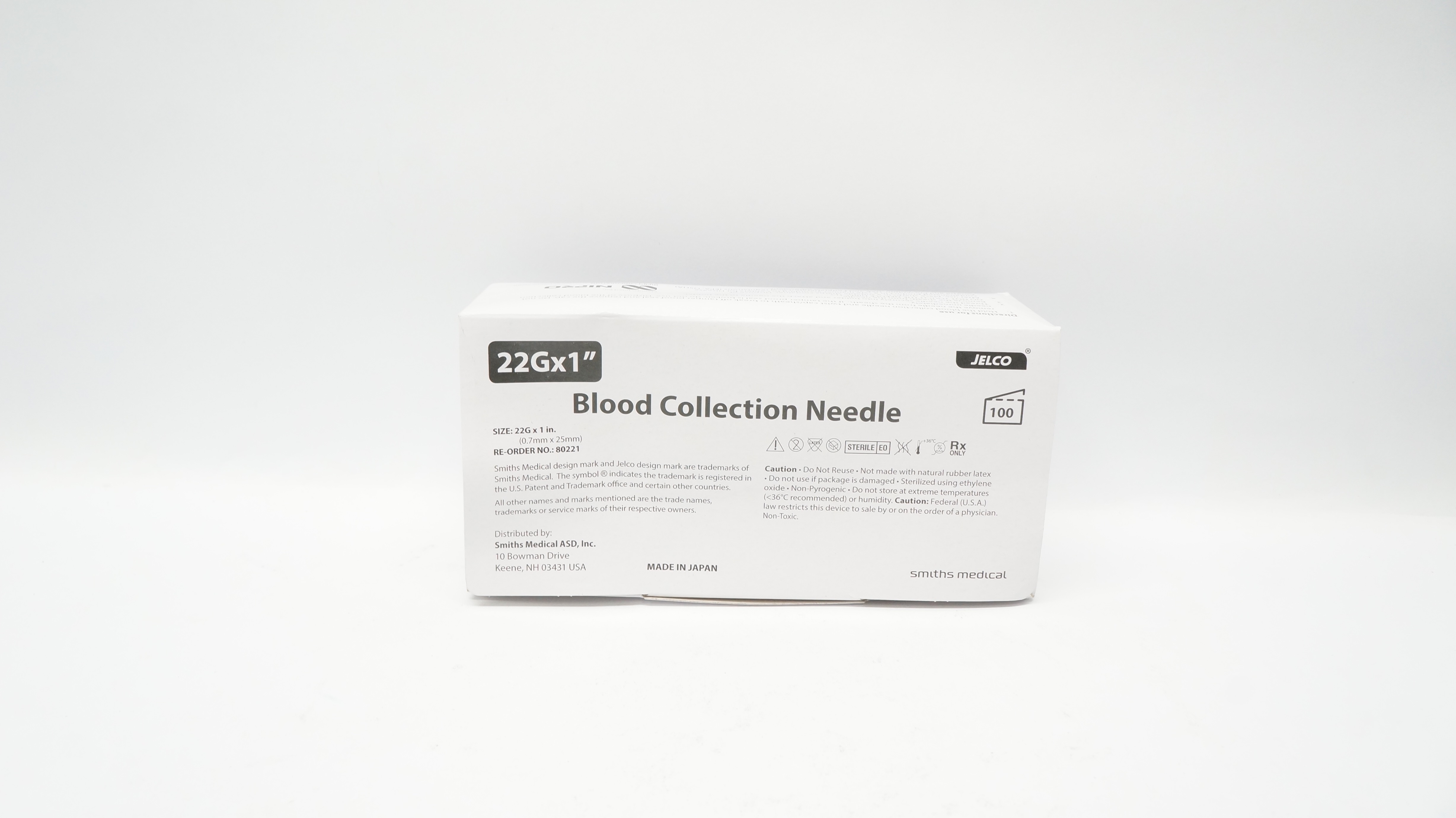 Smiths Medical 80221 Jelco Blood Collection Needle 22G x 1In - Box of 100