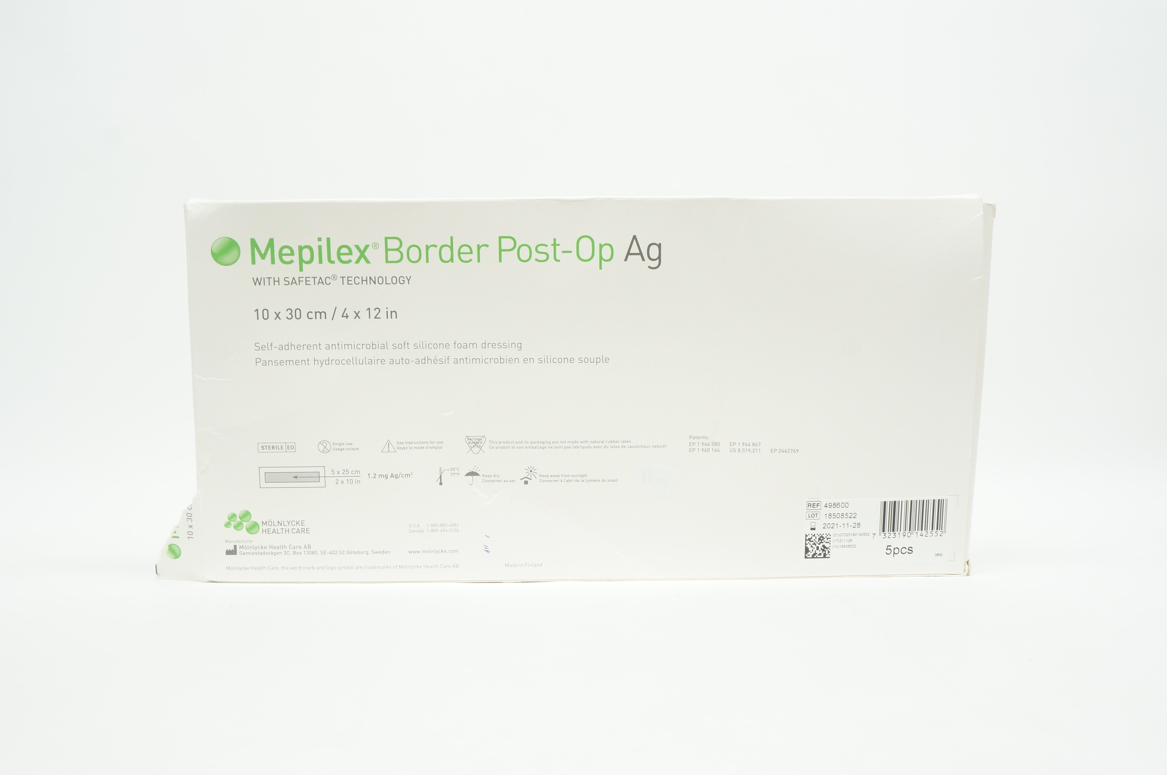 Molnlycke Health Care 498600 Mepilex Border Post-On Ag 4 x 12inch - Box of 3