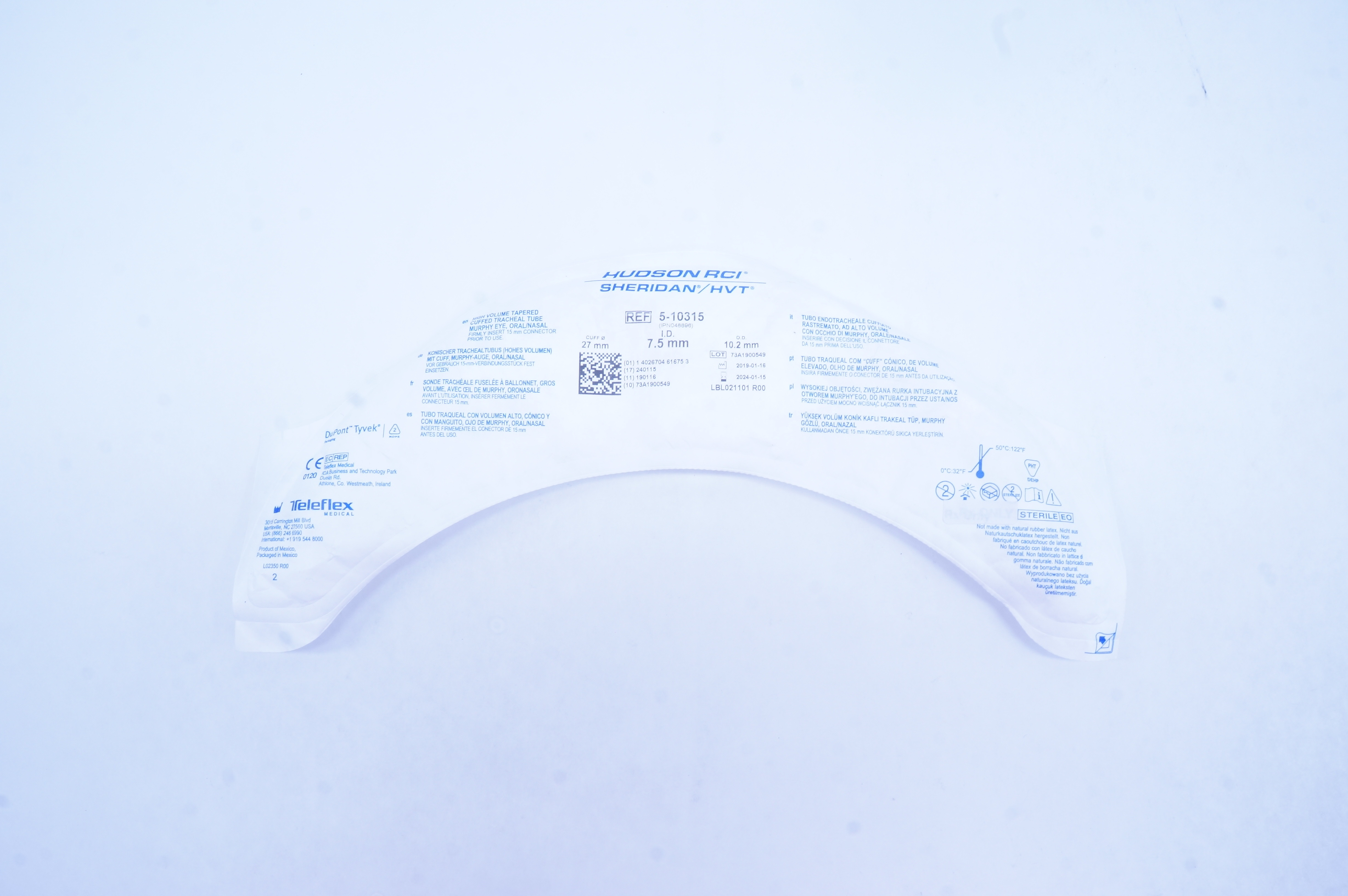 Teleflex 5-10315 Hudson RCI Tapered Cuffed Tracheal Tube 7.5 ID x 10.2 OD x 27mm