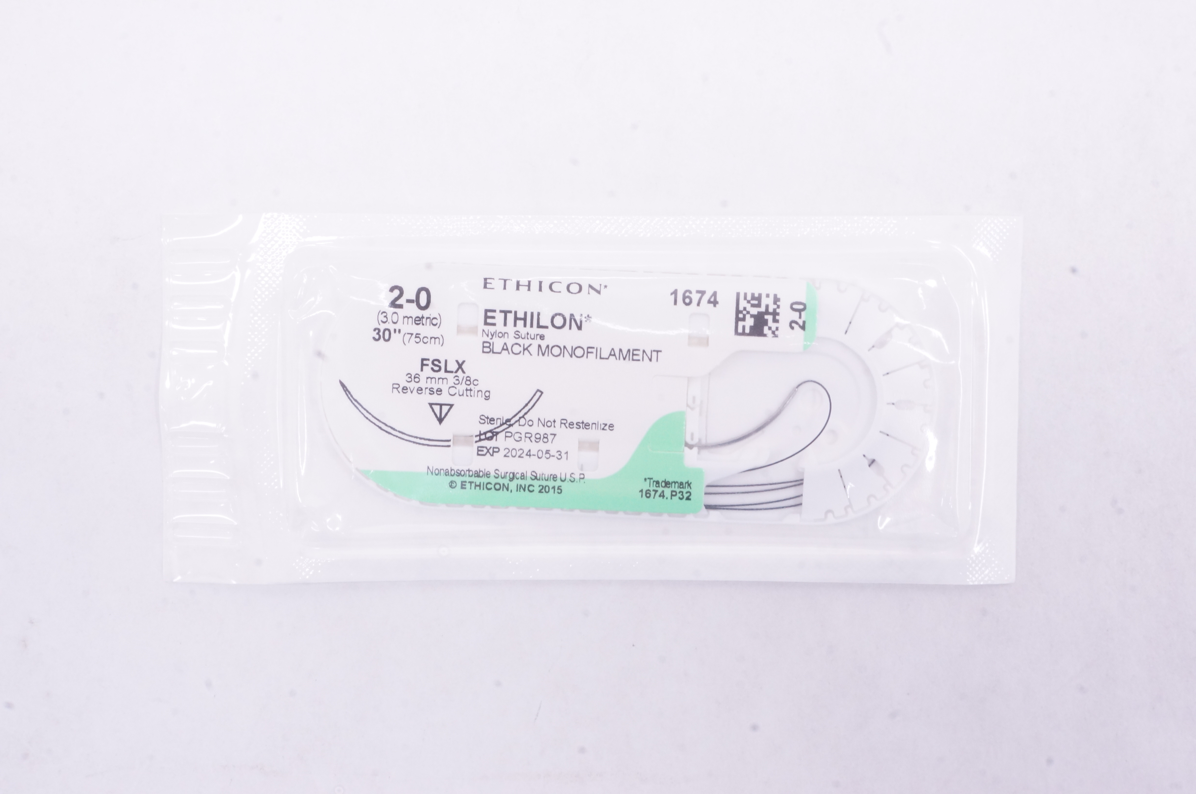 Ethicon 1674 2-0 ETHILON, FSLX, 36mm 3/8c Reverse Cutting, 30inch