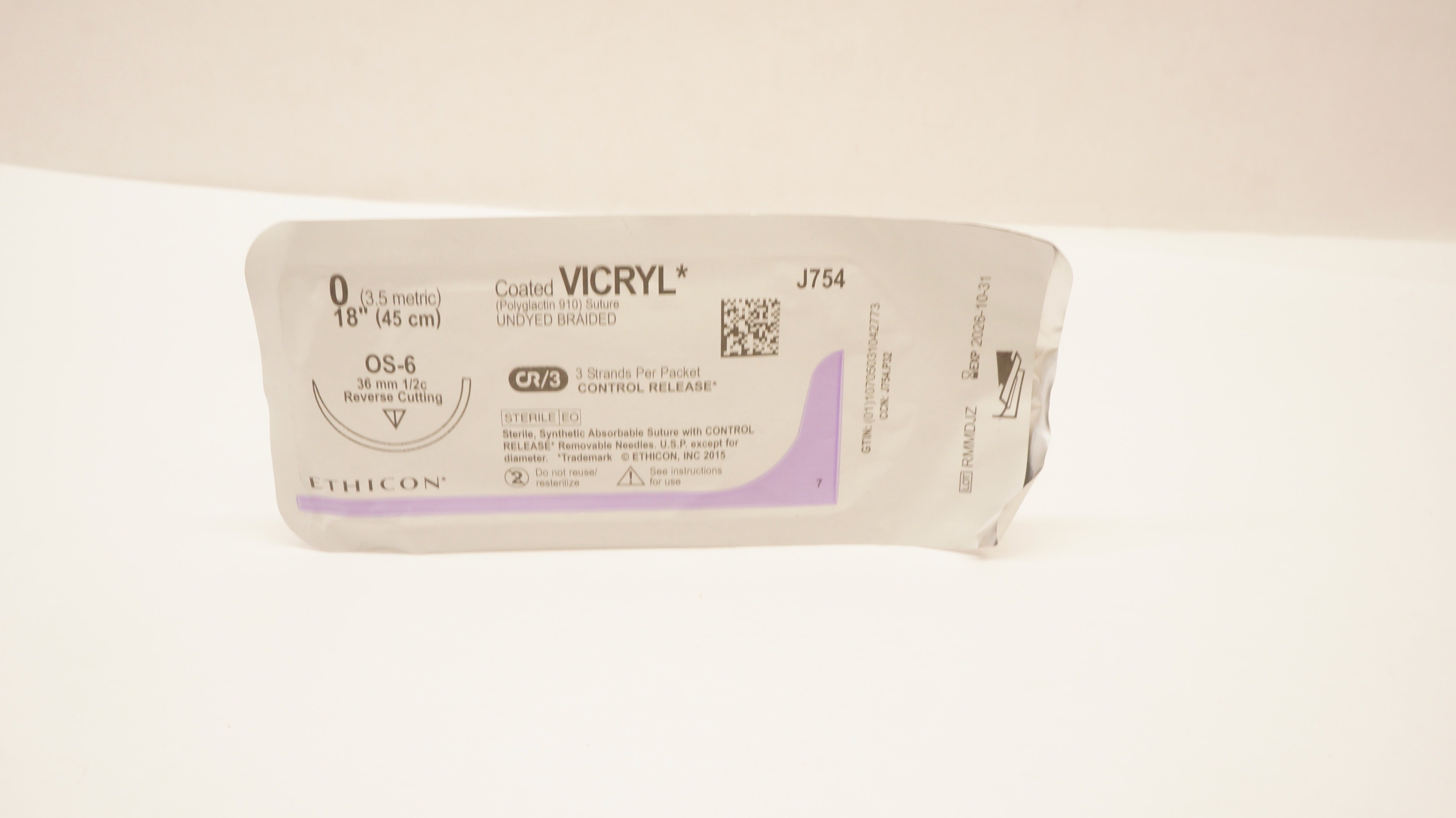 Ethicon J754 0 Coated VICRYL Stre, OS-6 36mm 1/2c Reverse Cutting, 18inch