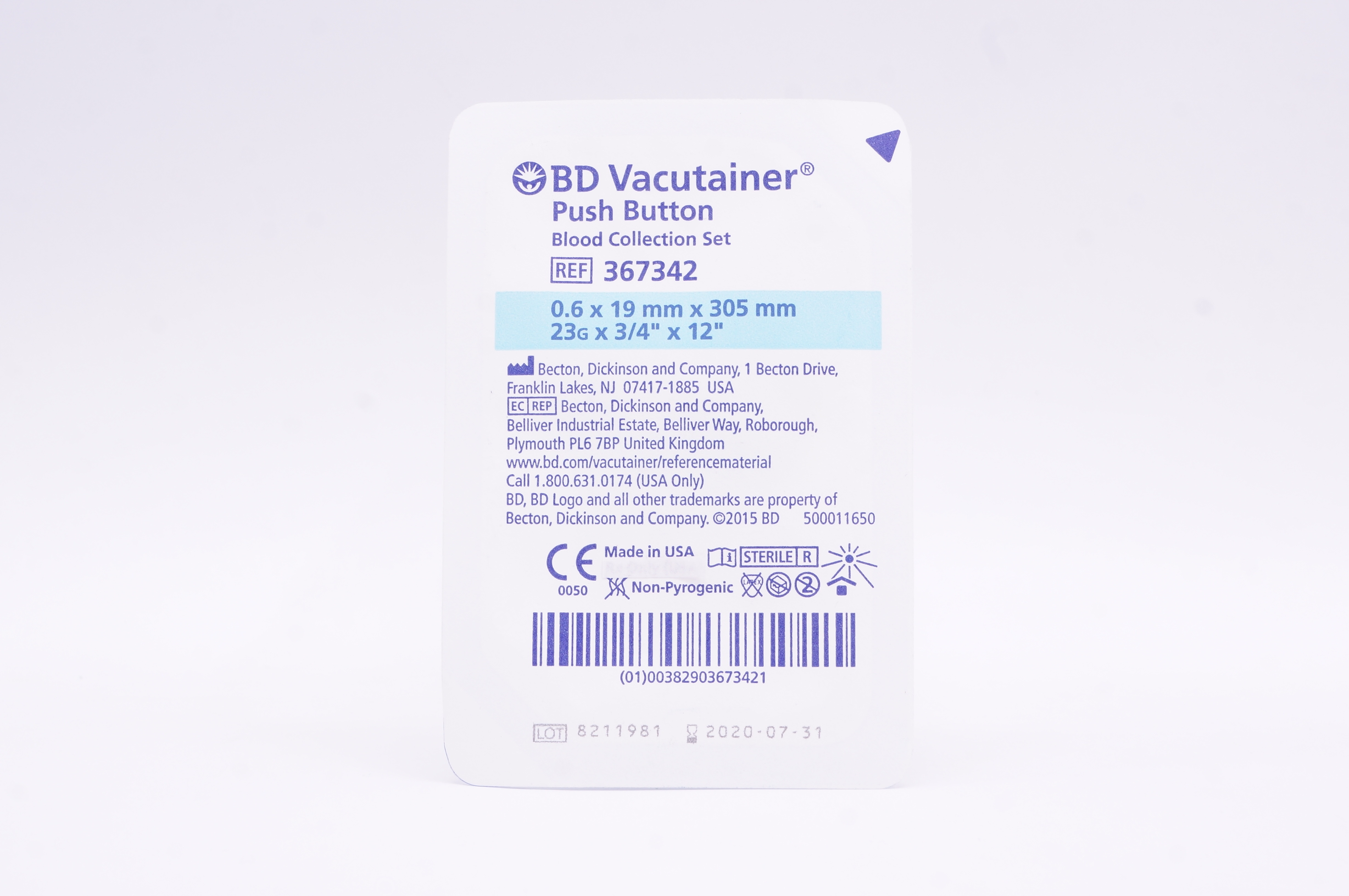 BD 367342 Vacutainer Push Button Blood Collection Set 23G x 3/4inch x 12inch (x)