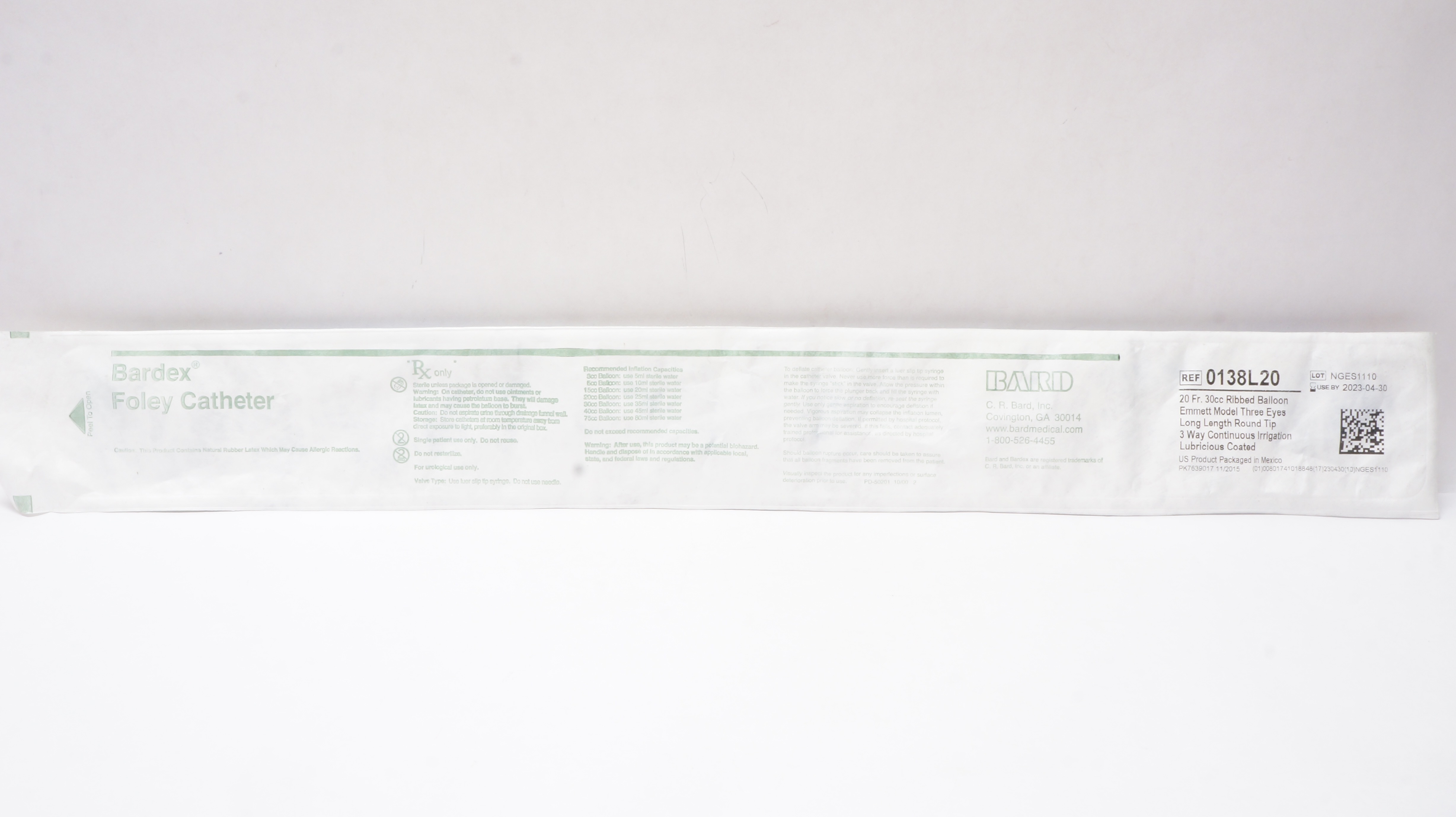 Bard 0138L20 Bardex Foley Cath. 20Fr. 30cc Ribbed Balloon (x)