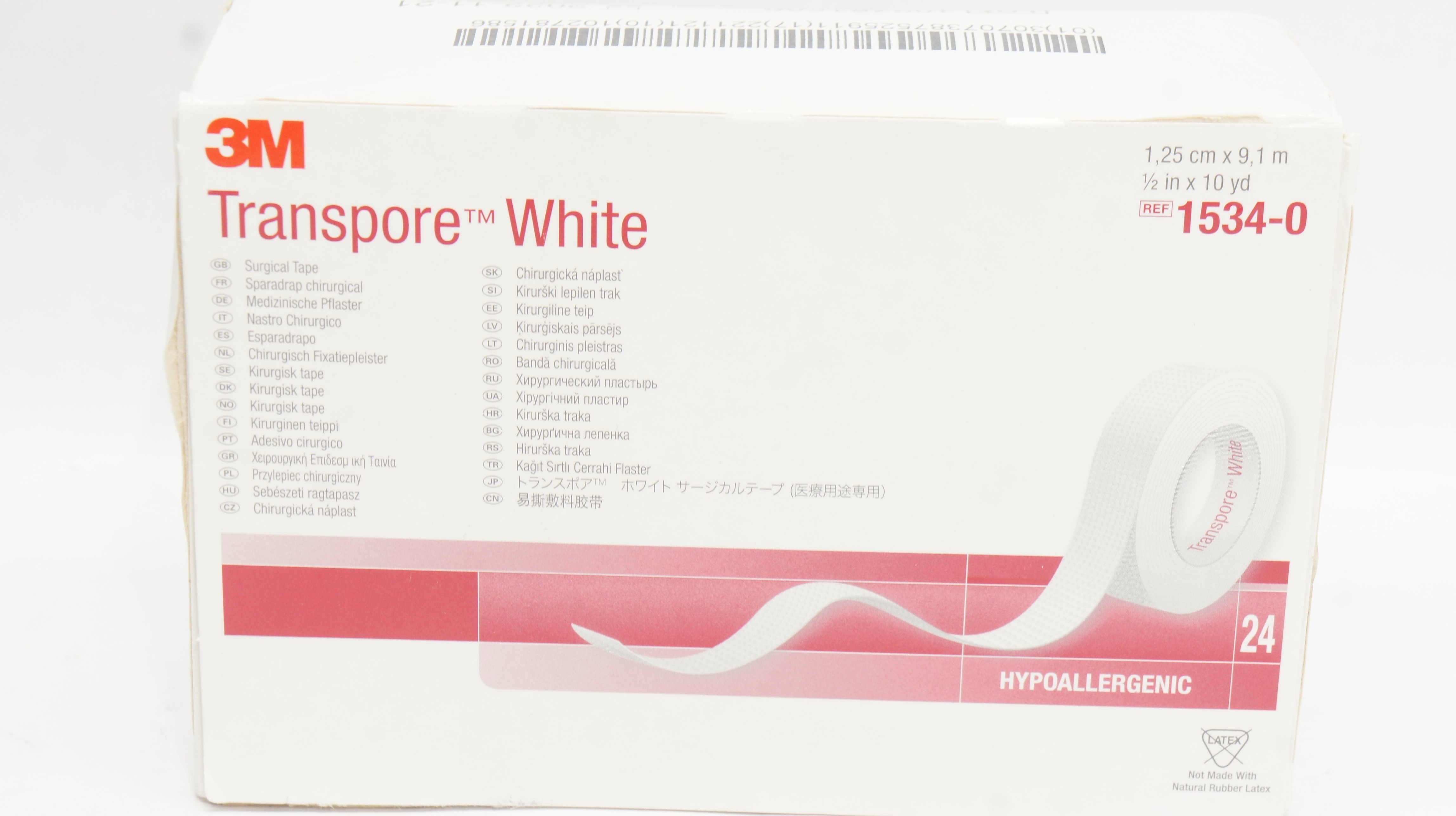 3M 1534-0 Transpore Surgical Tape, White 1/2inch x 10yd (x) - Box of 24