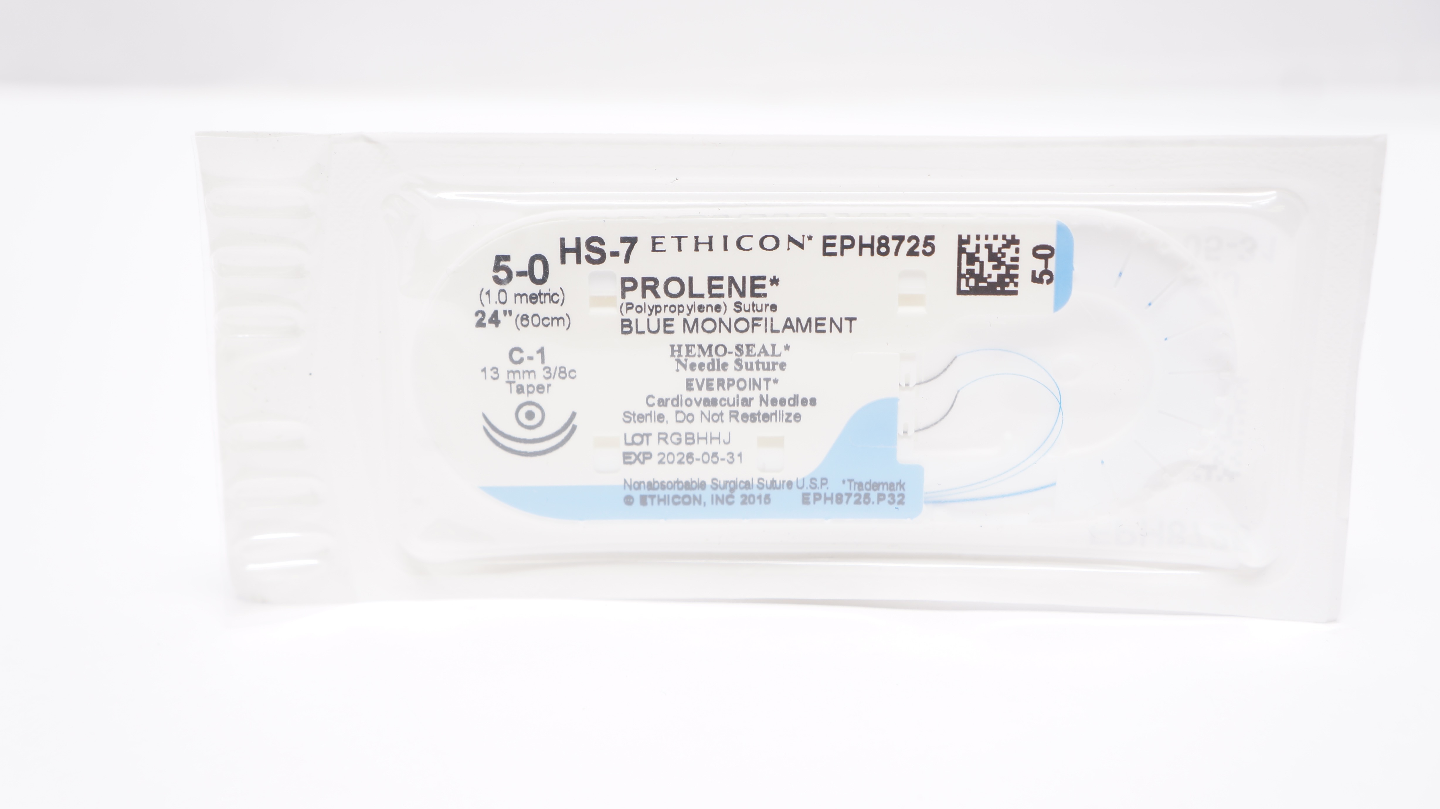 Ethicon EPH8725 5-0 HS-7 PROLENE, C-1, 13mm 3/8c, Taper, 24inch