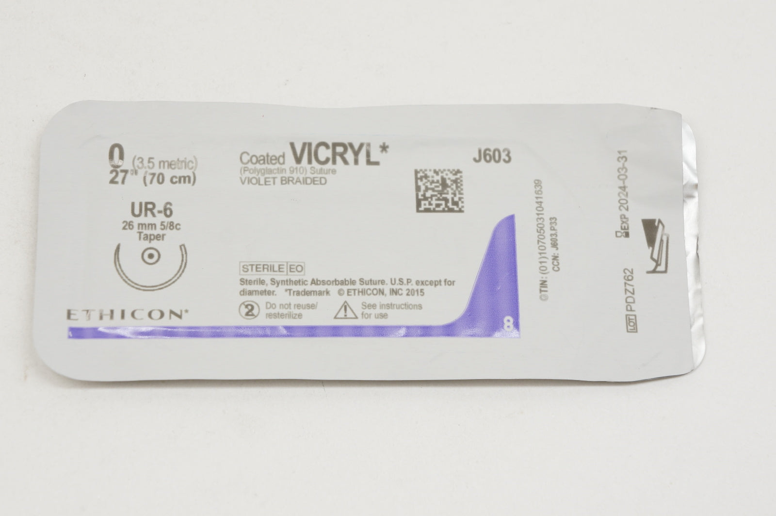 Ethicon J603H 0 VICRYL, UR-6, 26mm 5/8c Taper, 27inch