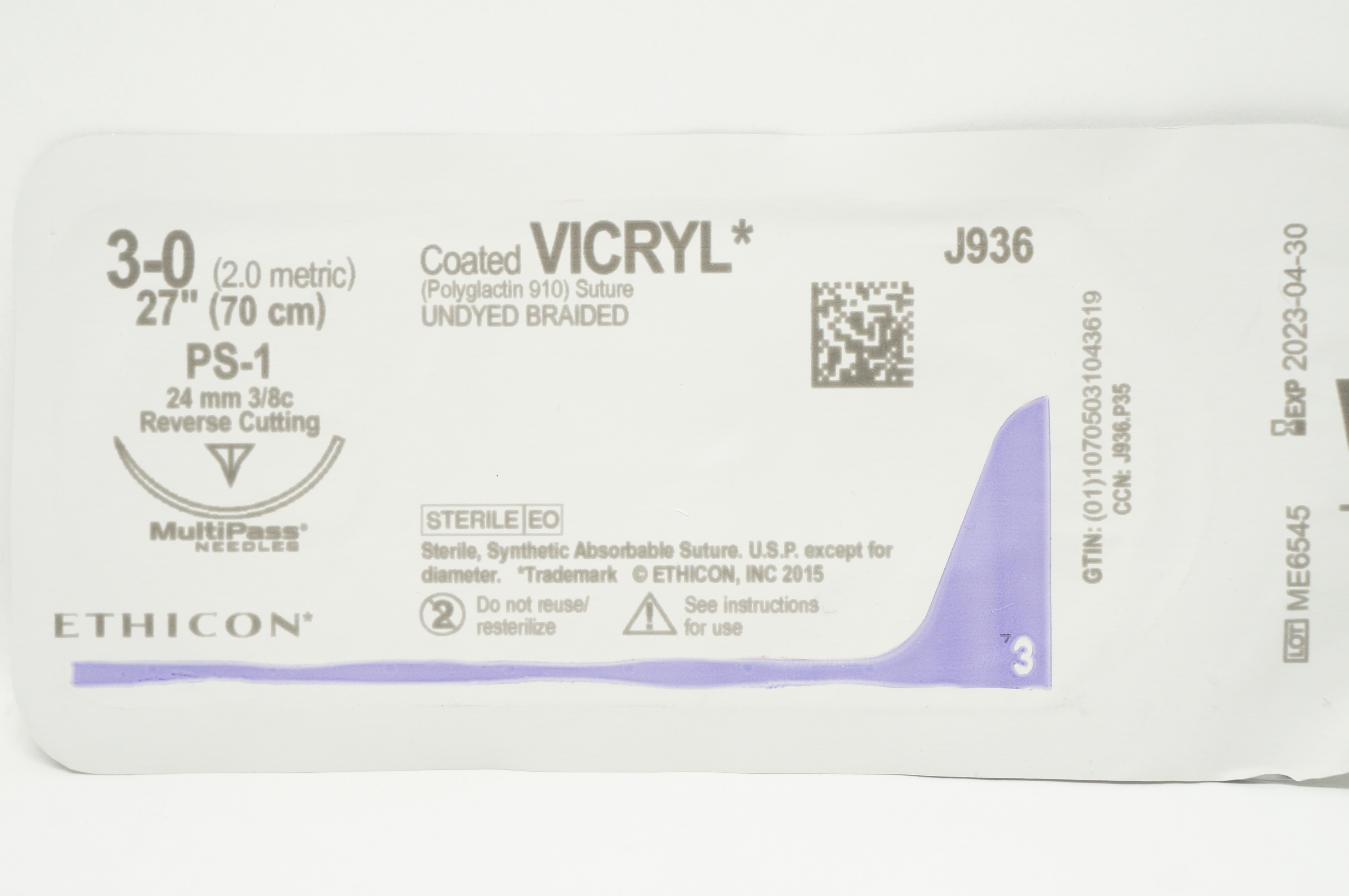 Ethicon J936 3-0 VICRYL Polyglactin Stre PS-1 24mm 3/8c Reverse Cutting 27inch(x)