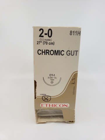 Ethicon 811H 2-0 CHROMIC GUT, CT-1, 36mm 1/2c Taper, 27in. (x) ~ Box  of 36