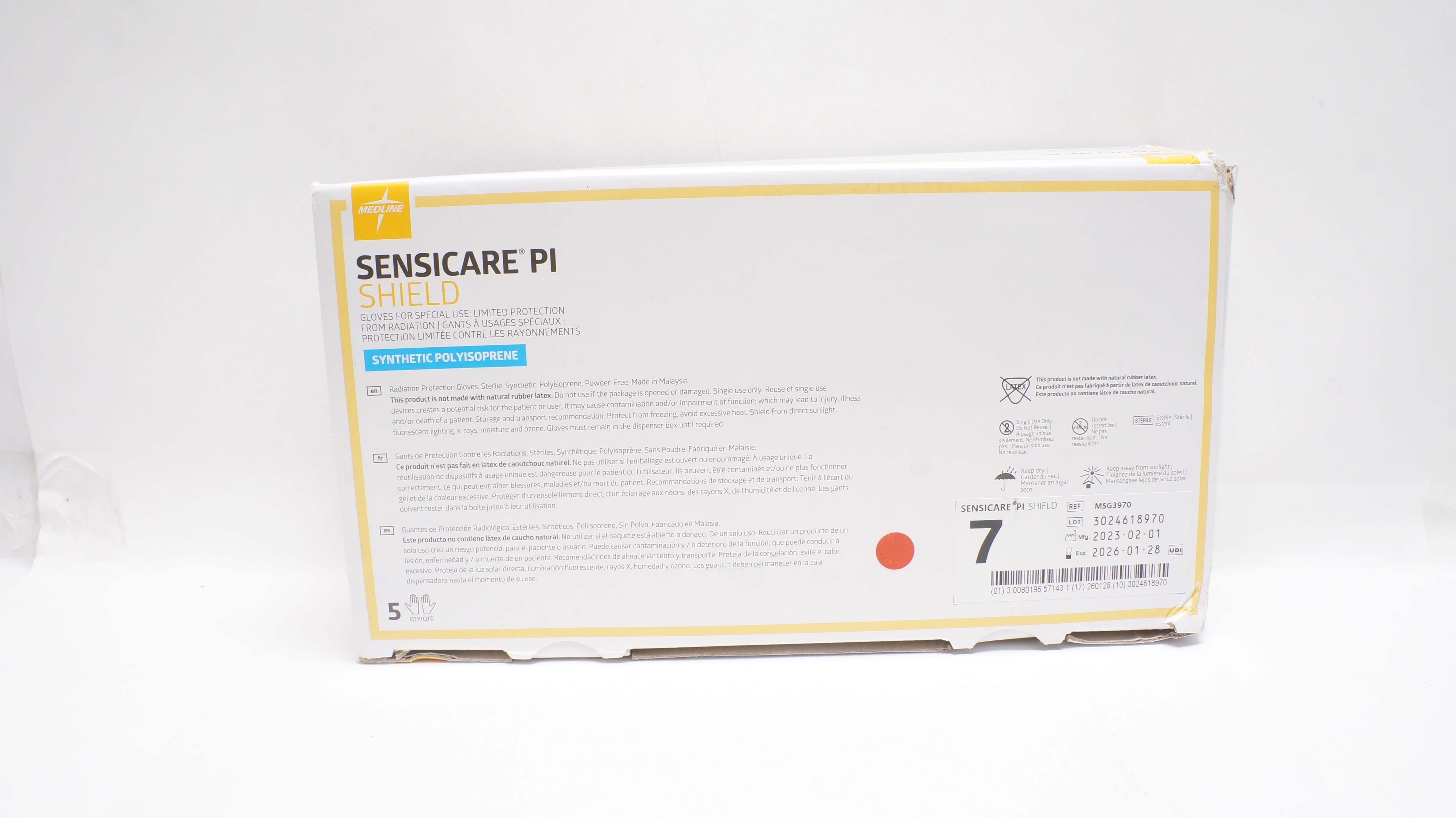 Medline MSG3970 SensiCare PI Shield Radiation Protection Gloves, Size 7-Box of 5