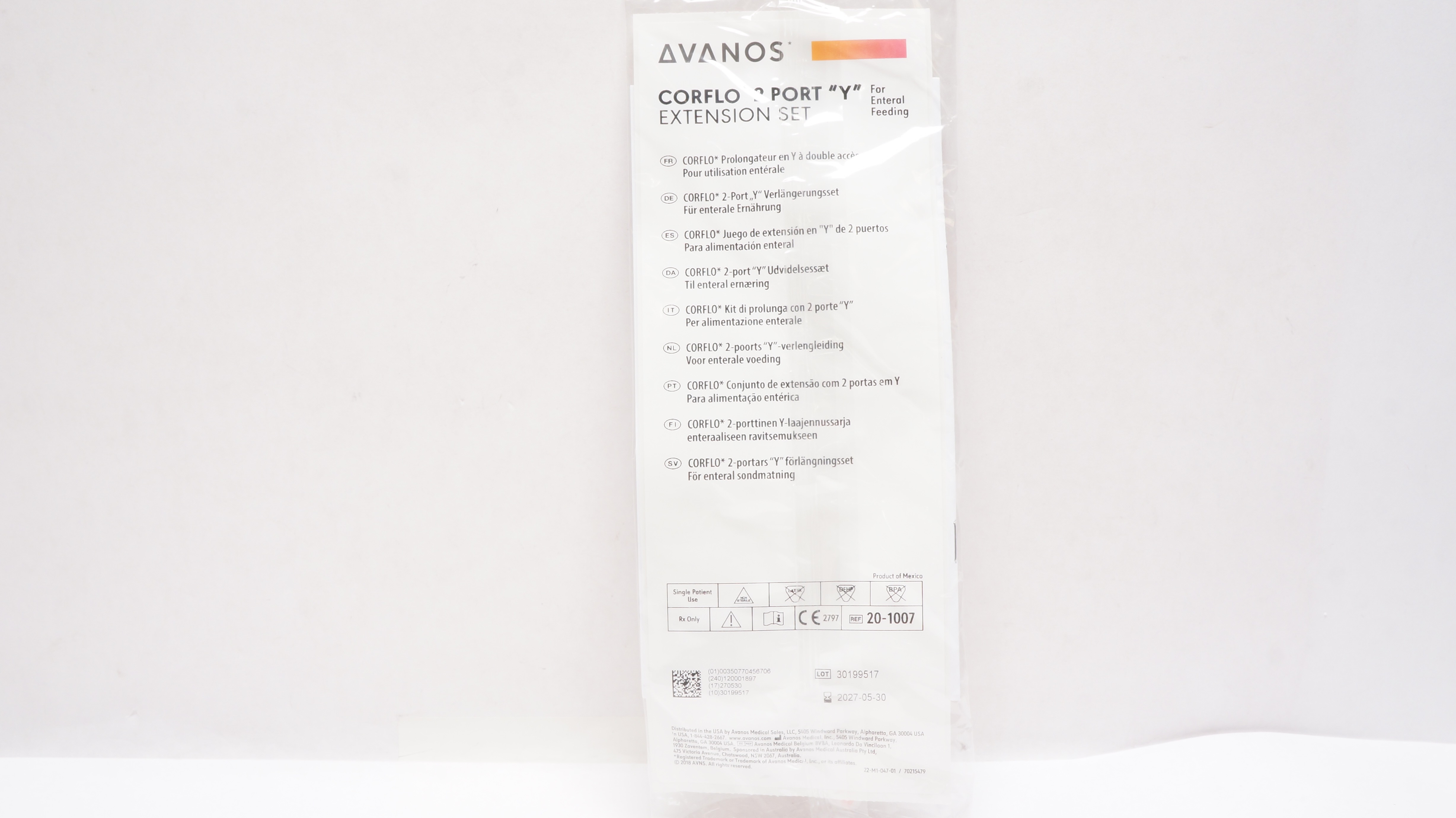 Avanos 20-1007 Corflo 2 Port "Y" Extension Set For Enteral Feeding