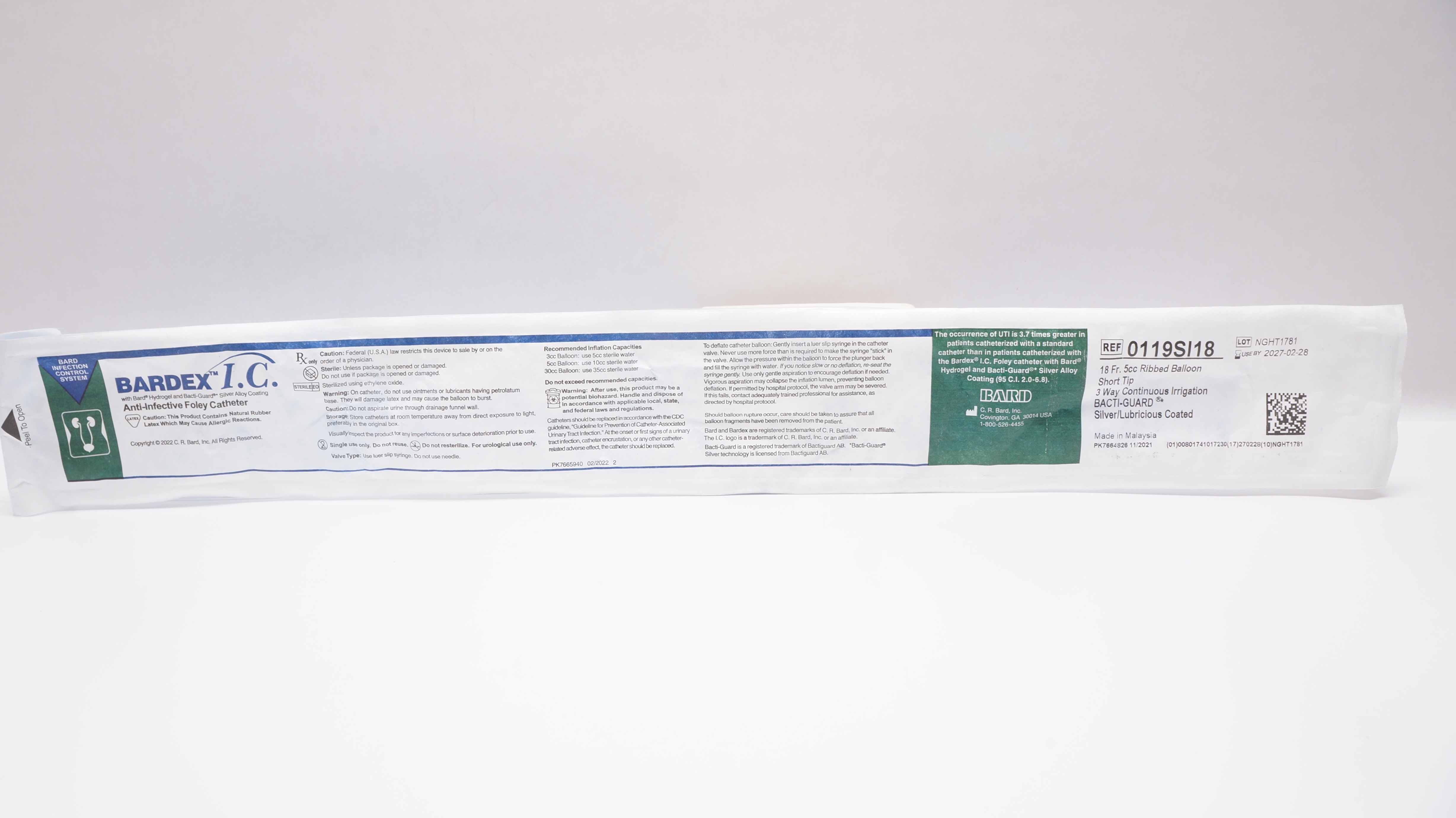 Bard 0119SI18 Bardex Anti-Infective Foley Cath. 18Fr 5cc Ribbed Balloon