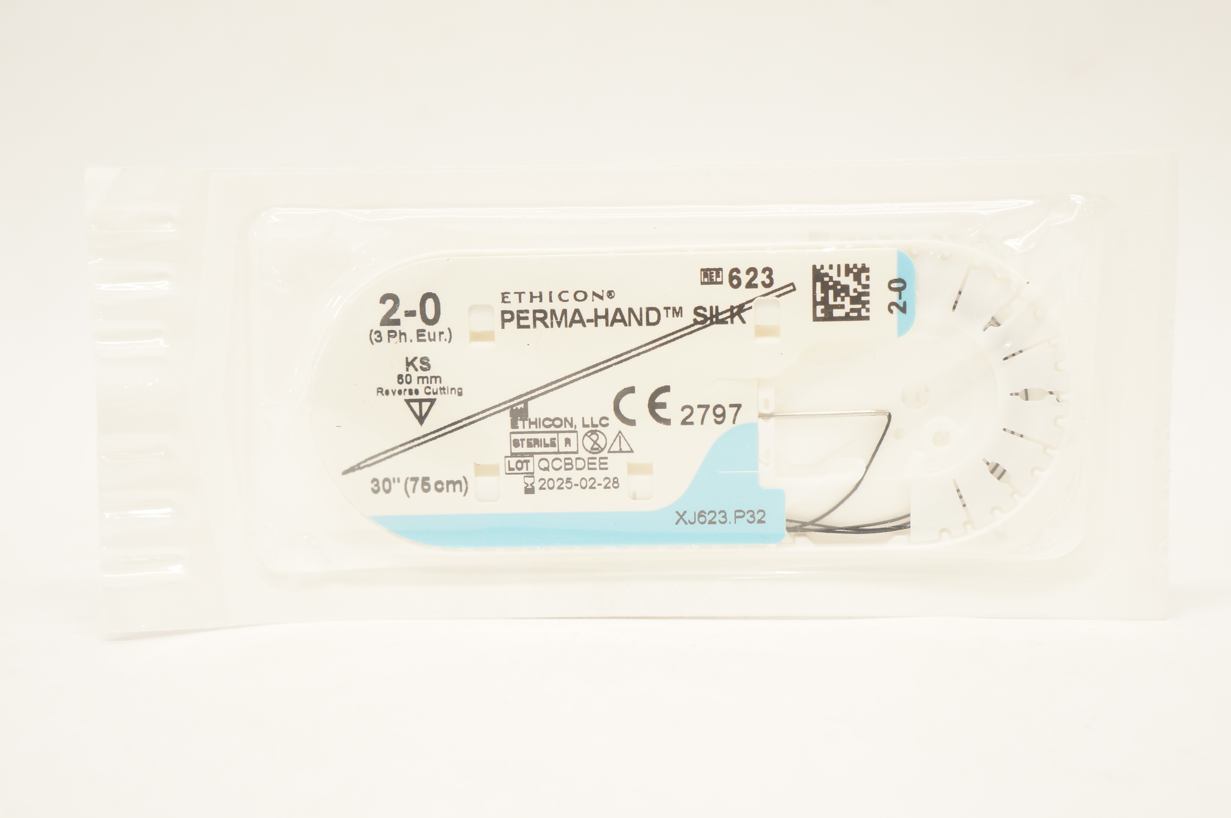 Ethicon 623 2-0 PERMA-HAND SILK, KS 60mm Straight Reverse Cutting, 30inch