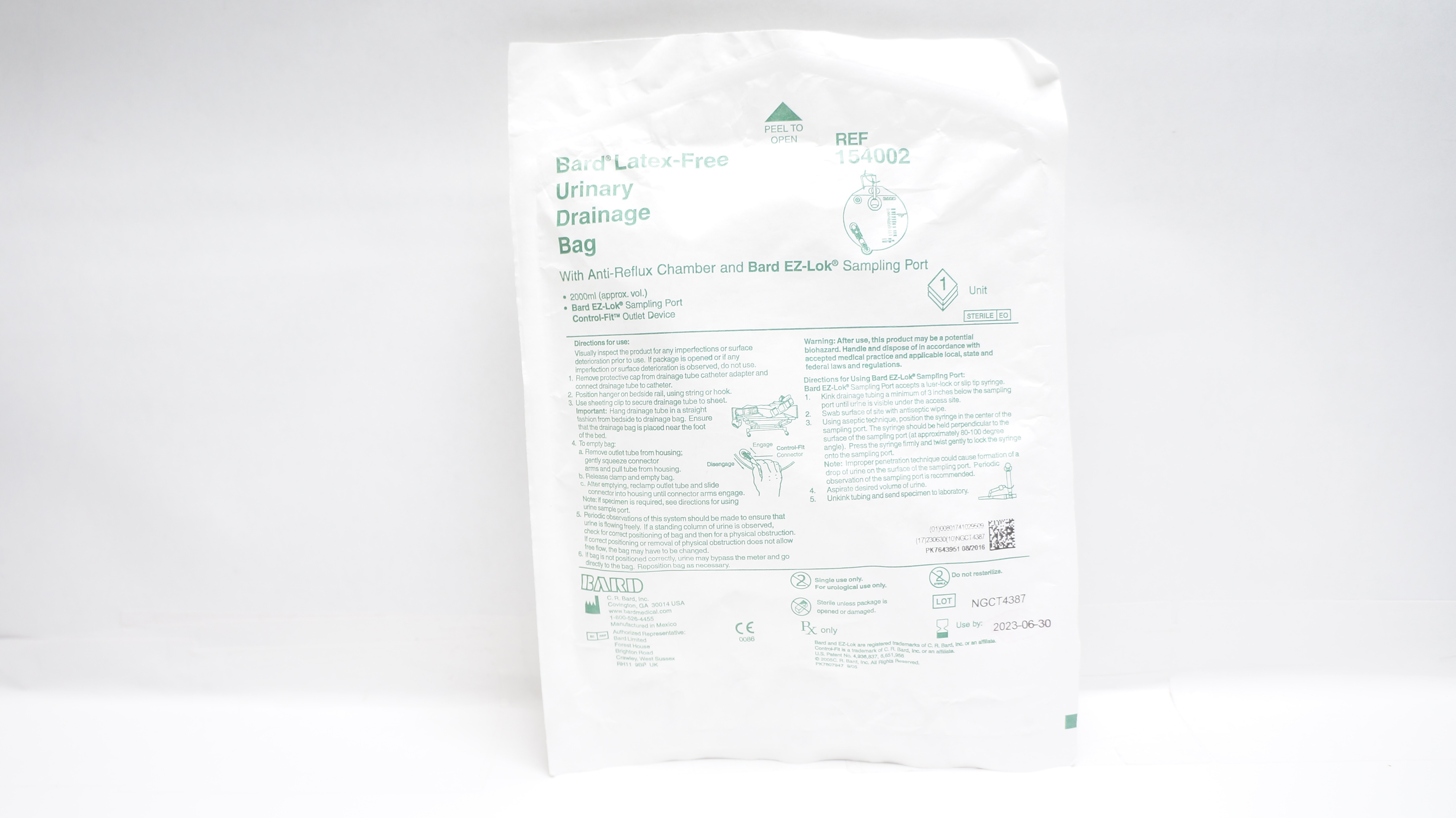 Bard 154002 Urinary Drainage Bag w/Anti-Reflux Chamber & Sampling Port 2000ml(x)