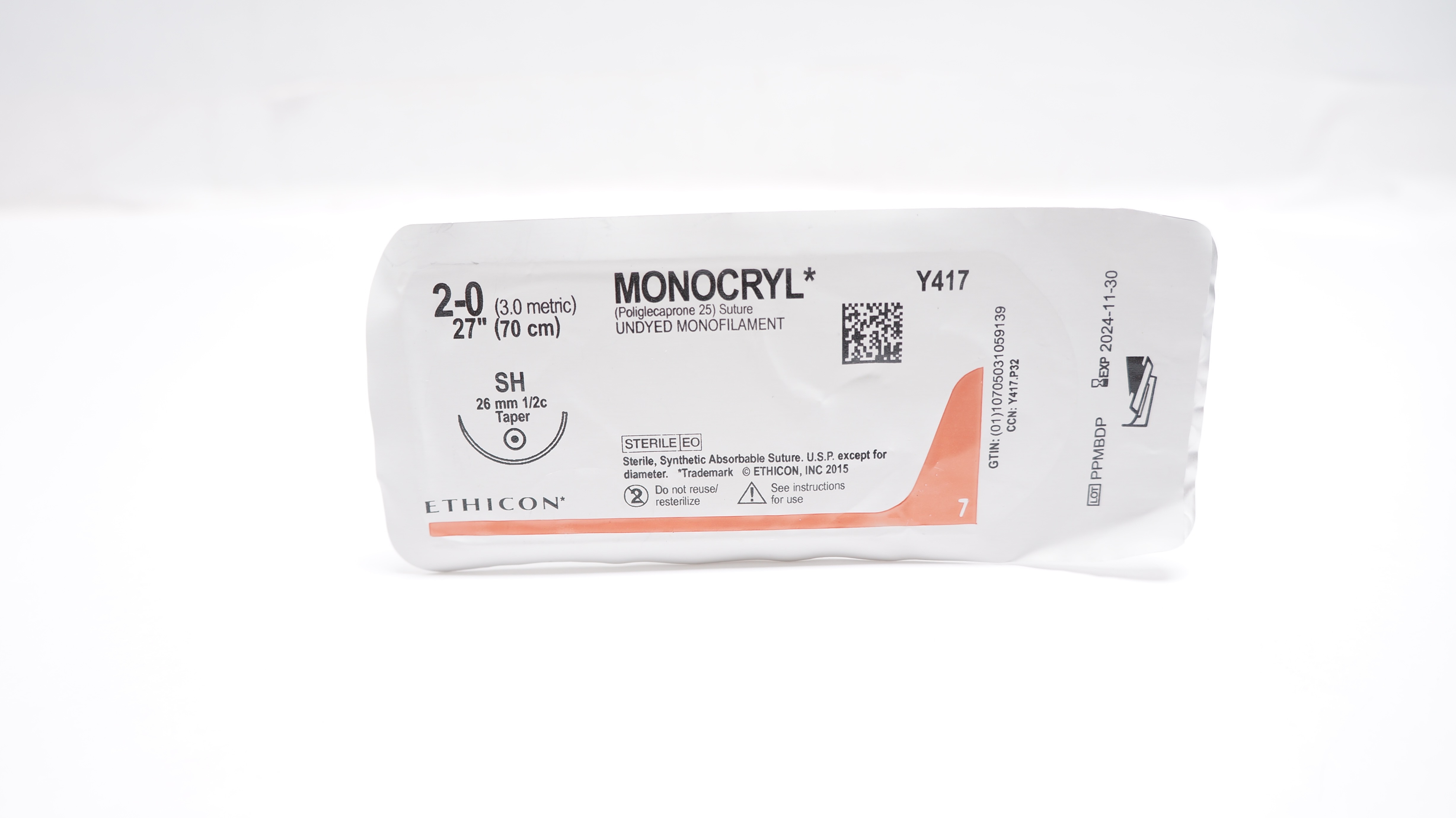 Ethicon Y417 2-0 Monocryl Poliglecaprone 25 Stre SH 26mm 1/2c Taper 27inch