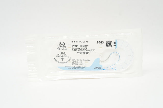 Ethicon 8663 3-0 Prolene Stre PS-1 24mm 3/8c Reverse Cutting, 18 inch (x)