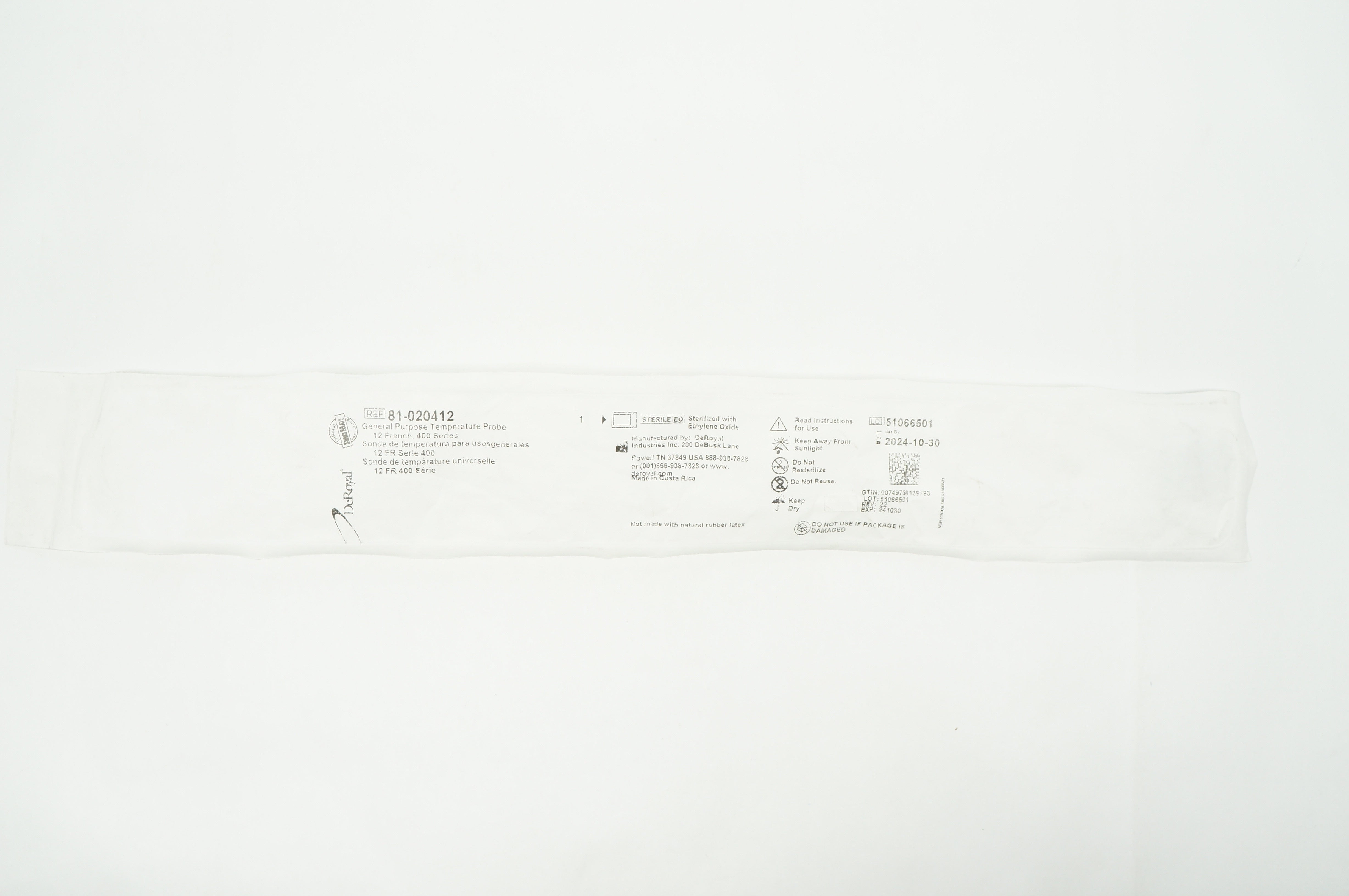 DeRoyal 81-020412 General Purpose Temperature Probe 12Fr., 400 Series