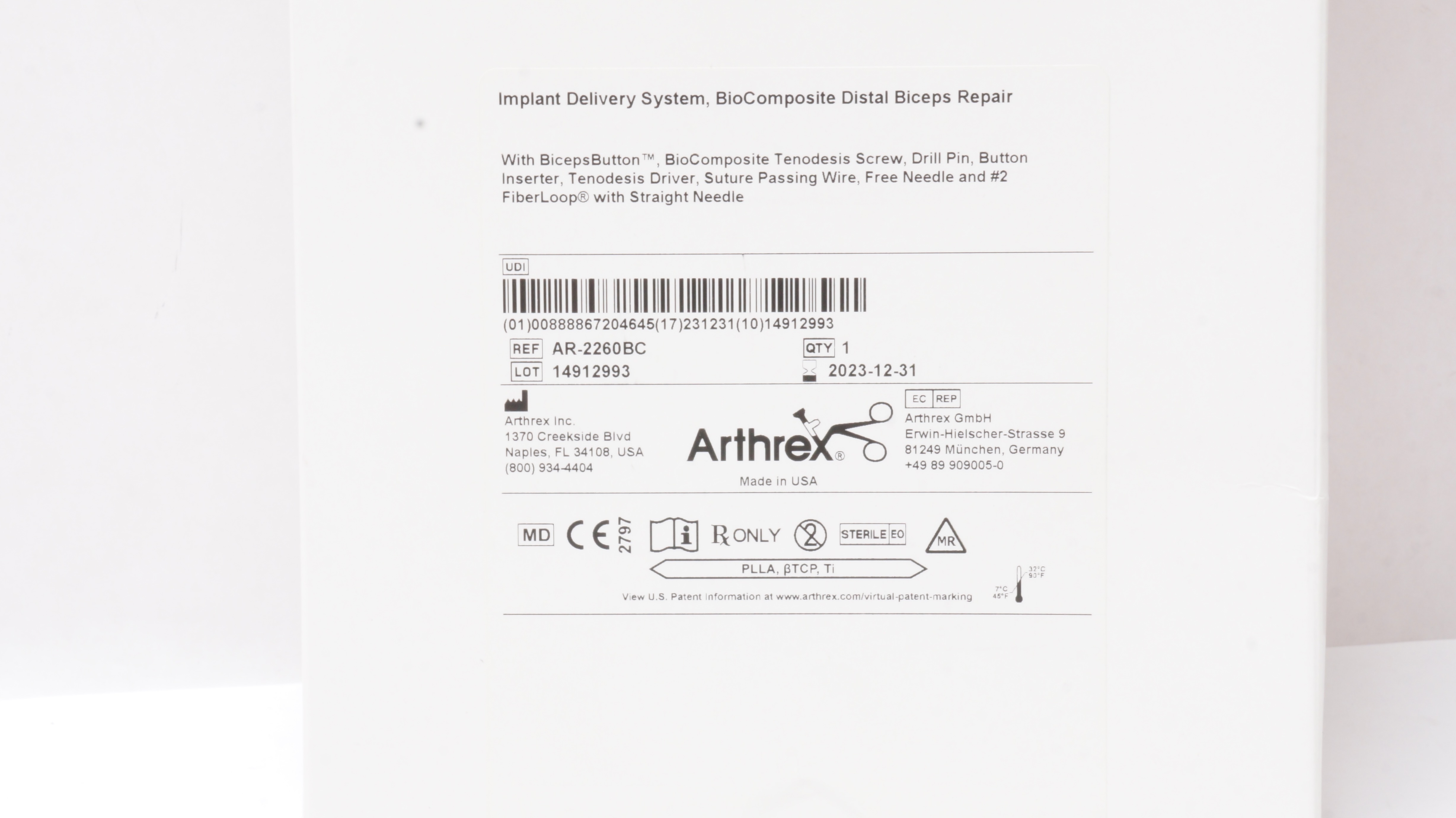 Arthrex AR-2260BC Implant Delivery System BioComposite Distal Biceps Repair (x)