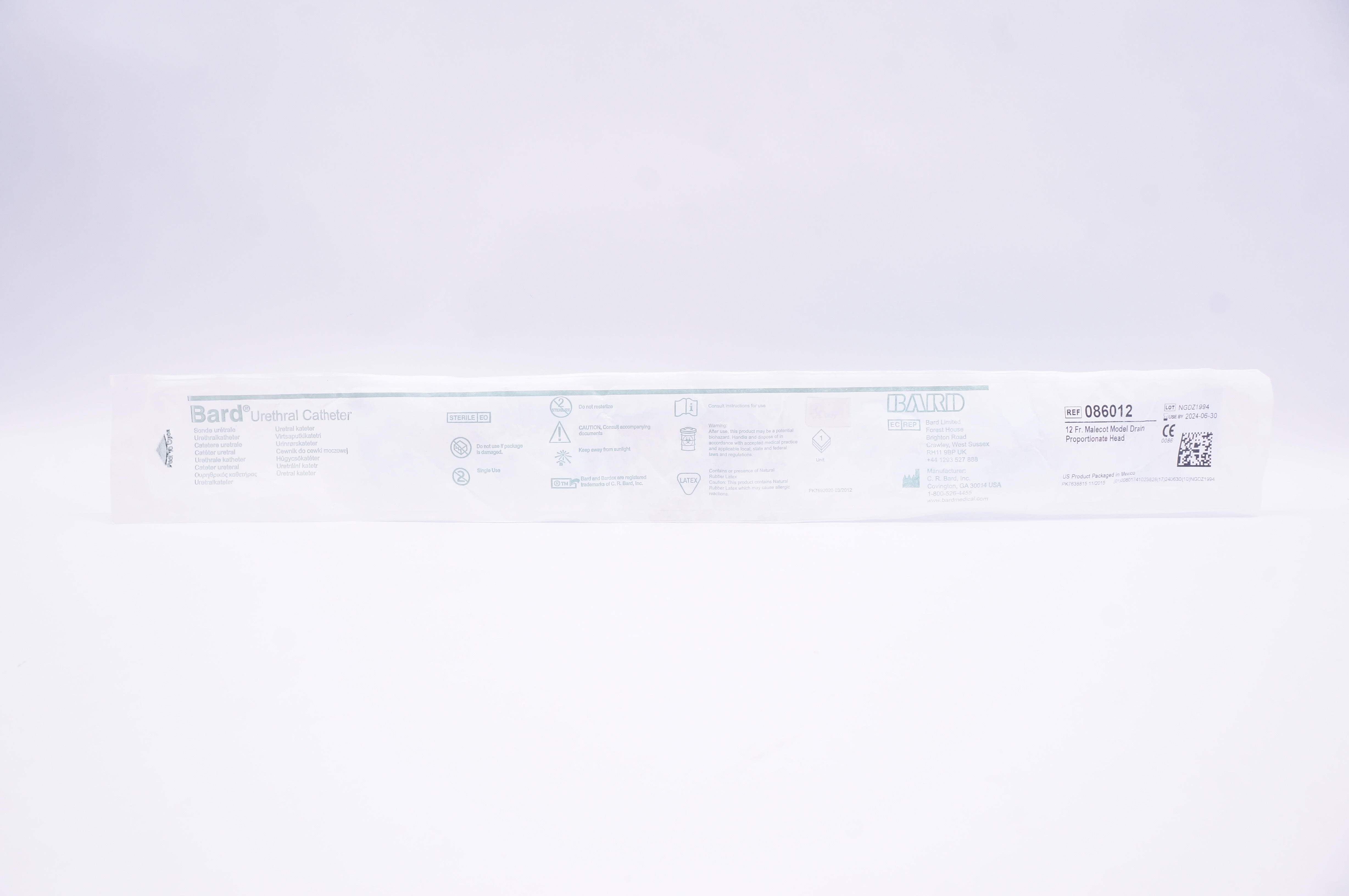 Bard 086012 Urethral Cath. Malecot Model Drain Proportionate Head 12Fr