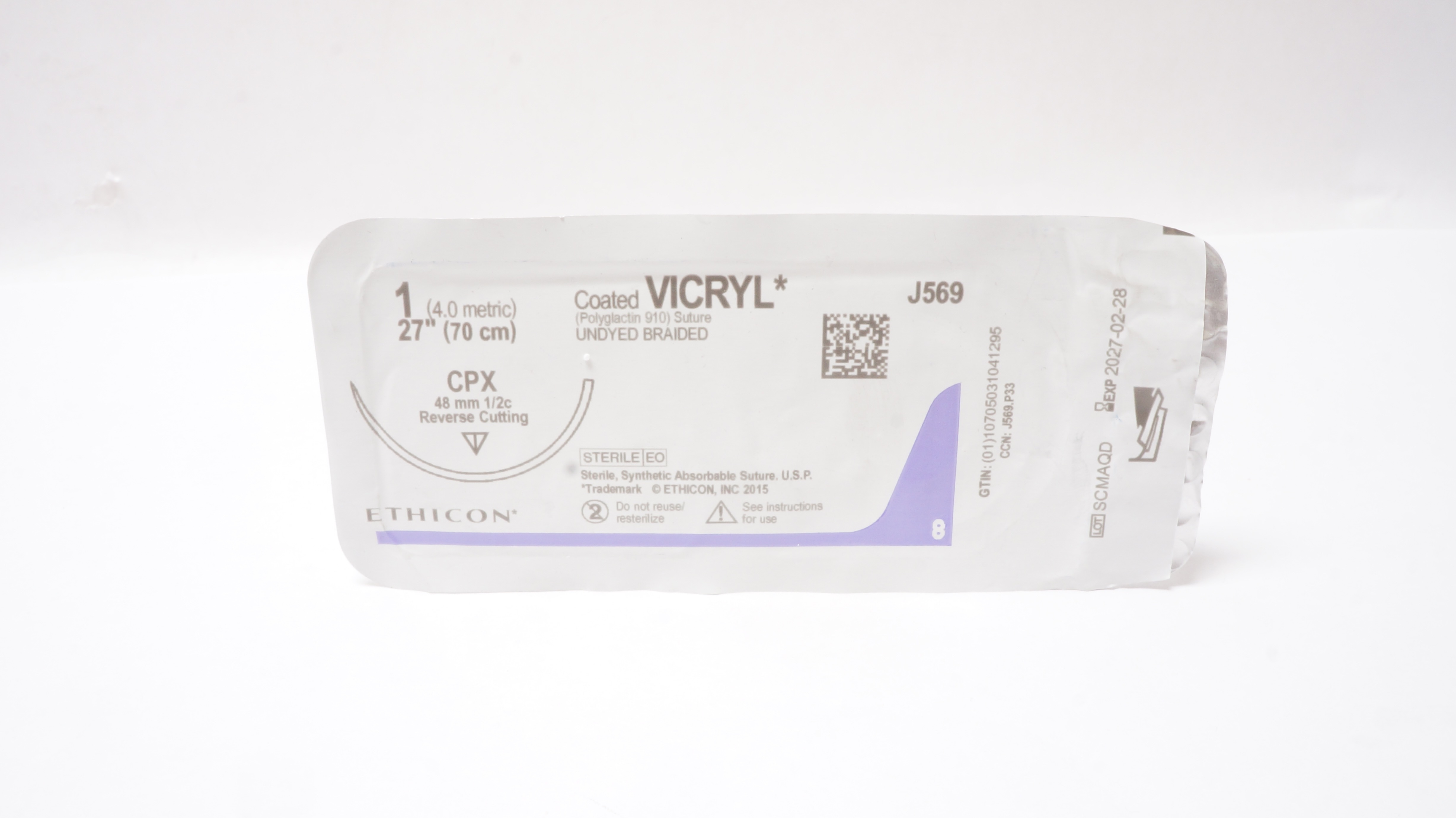 Ethicon J569 1 Coated VICRYL Stre CPX 48mm 1/2c Reverse Cutting, 27inch