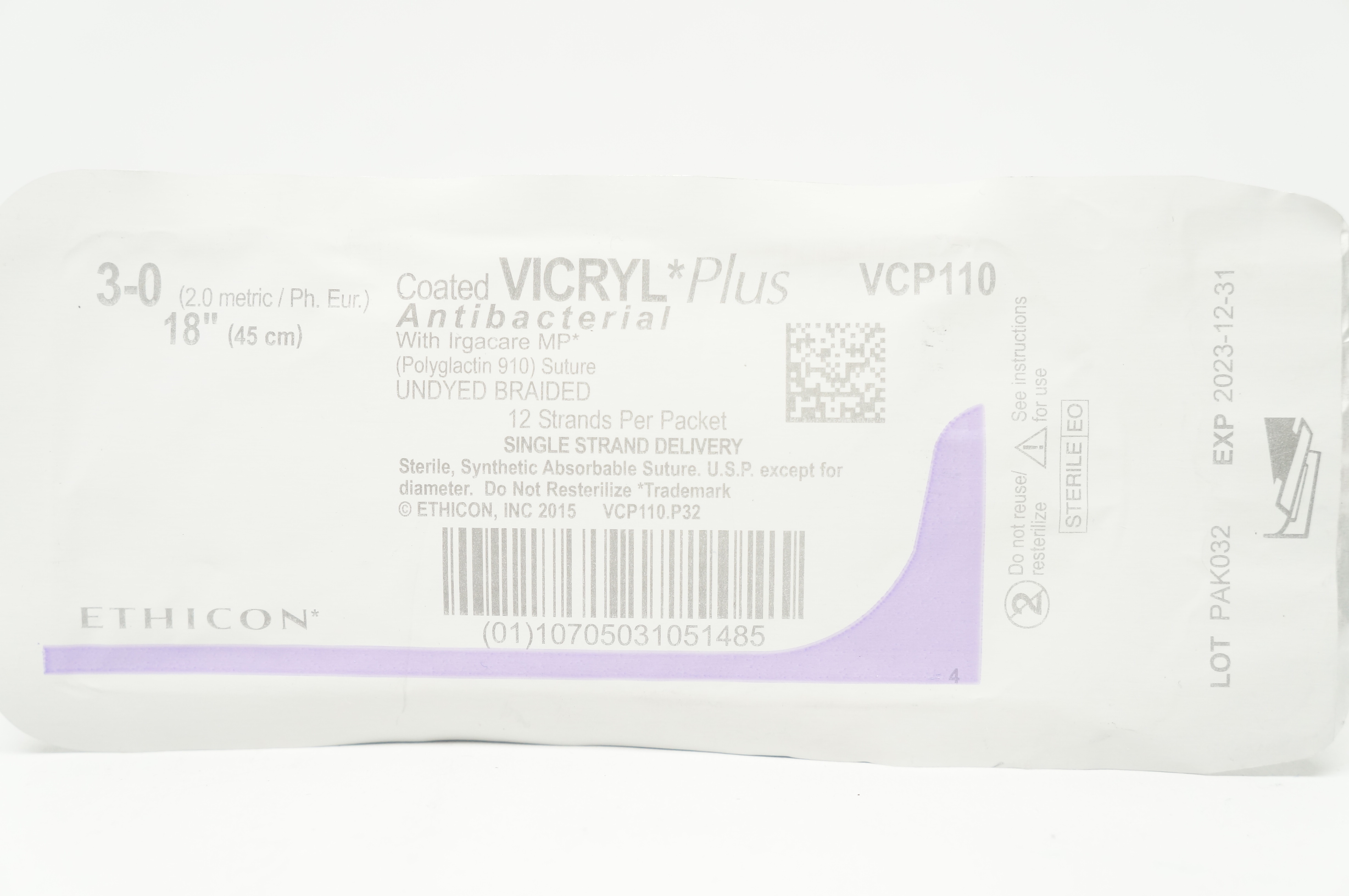 Ethicon VCP110 3-0 Coated VICRYL  Plus Antibacterial Polyglactin 910 Stre, 18inch