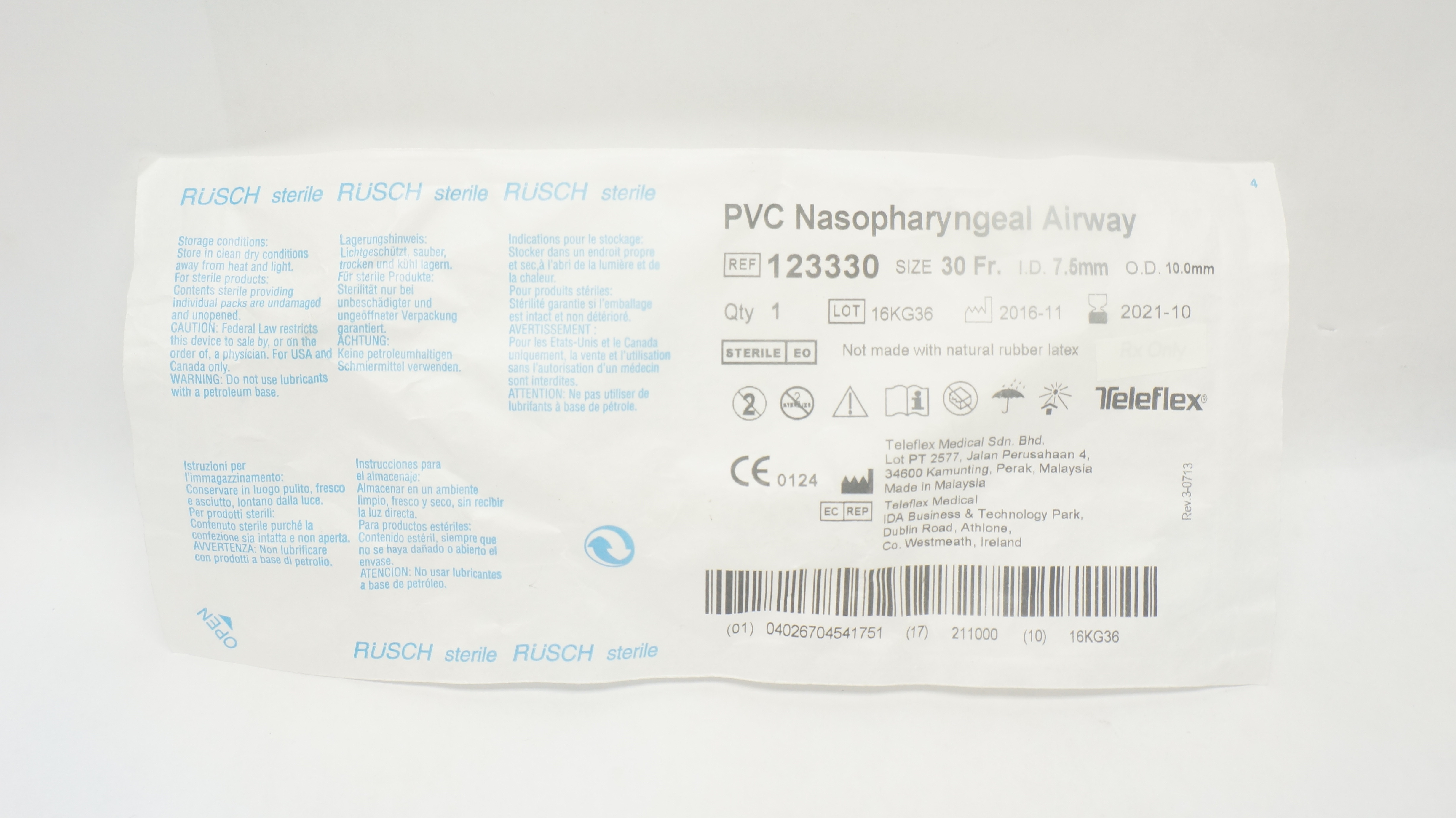 Teleflex 123330 Rusch PVC Nasopharyngeal Airway 30 Fr x 7.5mm ID x 10.0mm OD (x)