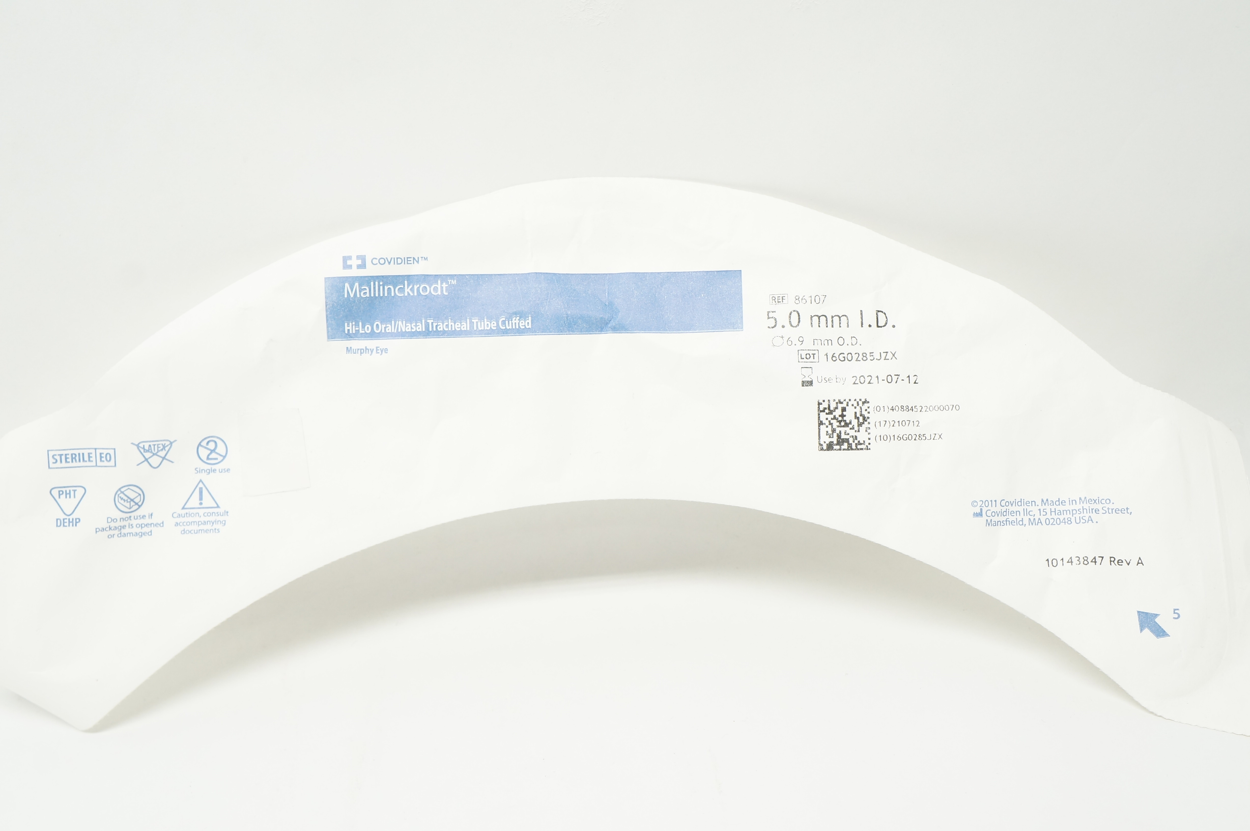 Covidien 86107 Mallinckrodt Hi-Lo Oral/Nasal Tracheal Tube Cuffed 5 x 6.9mm (x)