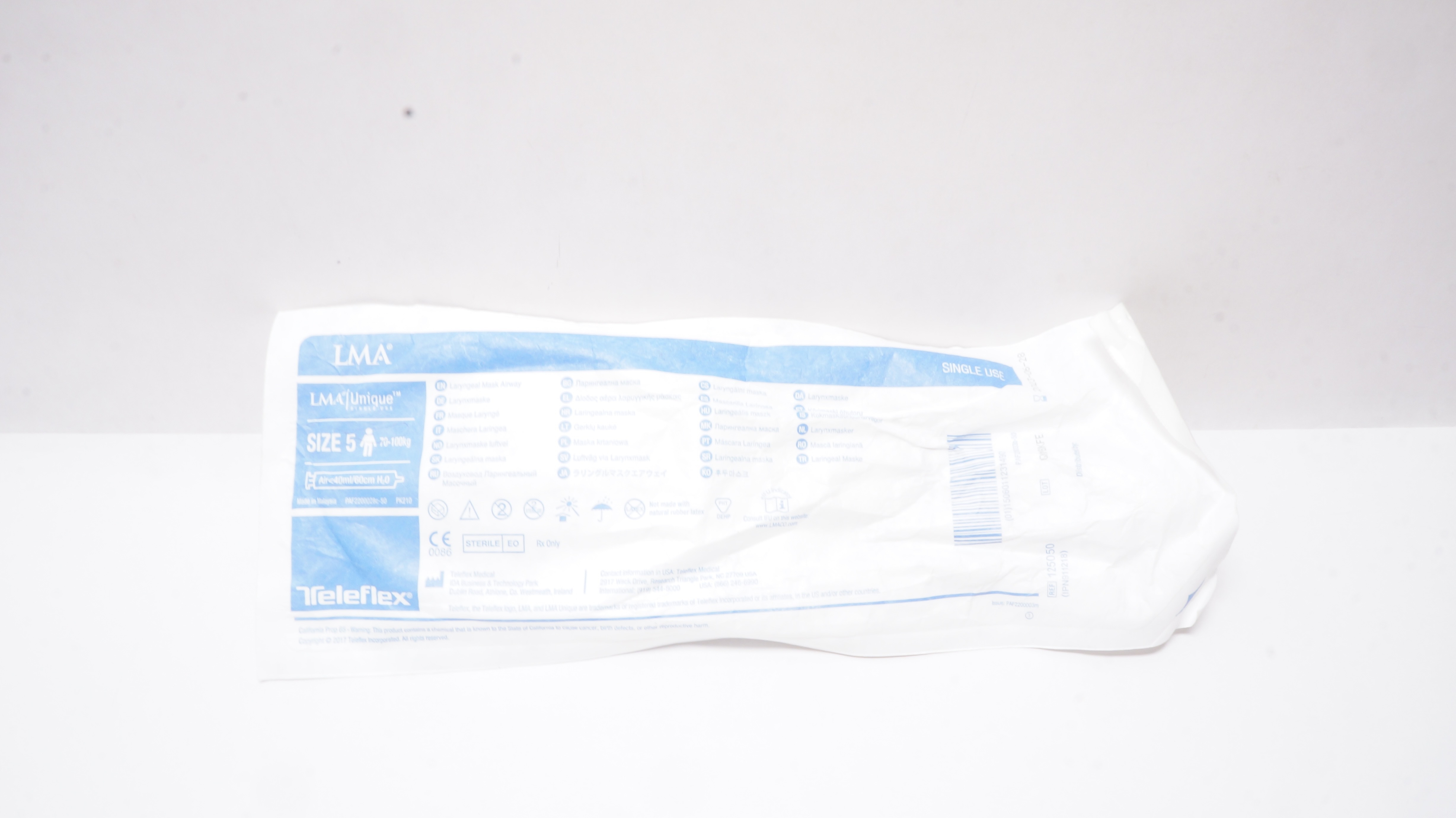 Teleflex 125050 LMA Unique Laryngeal Mask Airway Size 5 70-100kg <40ml/60cm