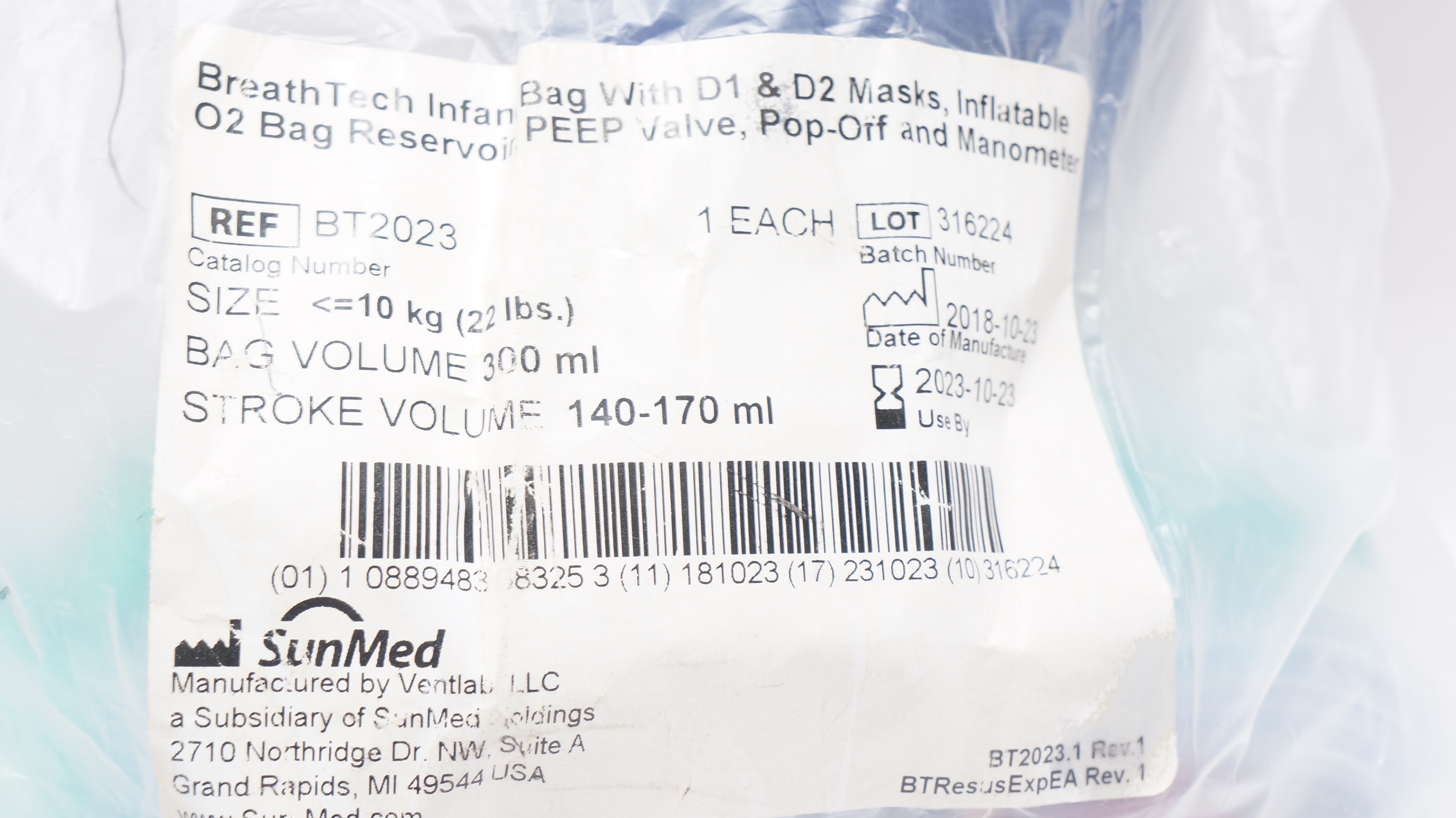 SunMed BT2023 Breath Tech Infant Resuscitator W/Bag Reservoir 22lbs. 300mL (x)