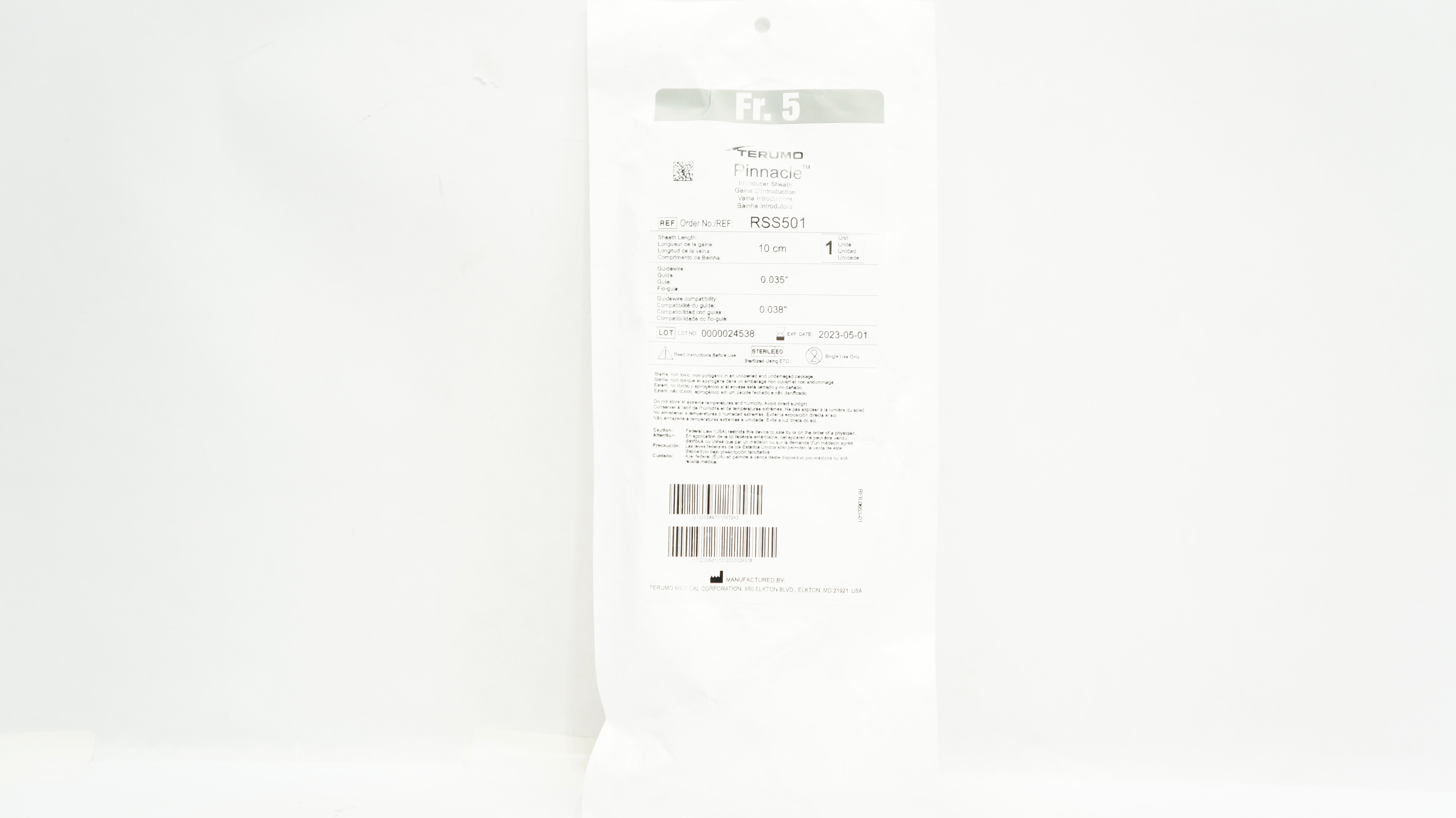 Terumo RSS501 Pinnacle Introducer Sheath 5 Fr. 10cm x 0.035inch x 0.038inch (x)