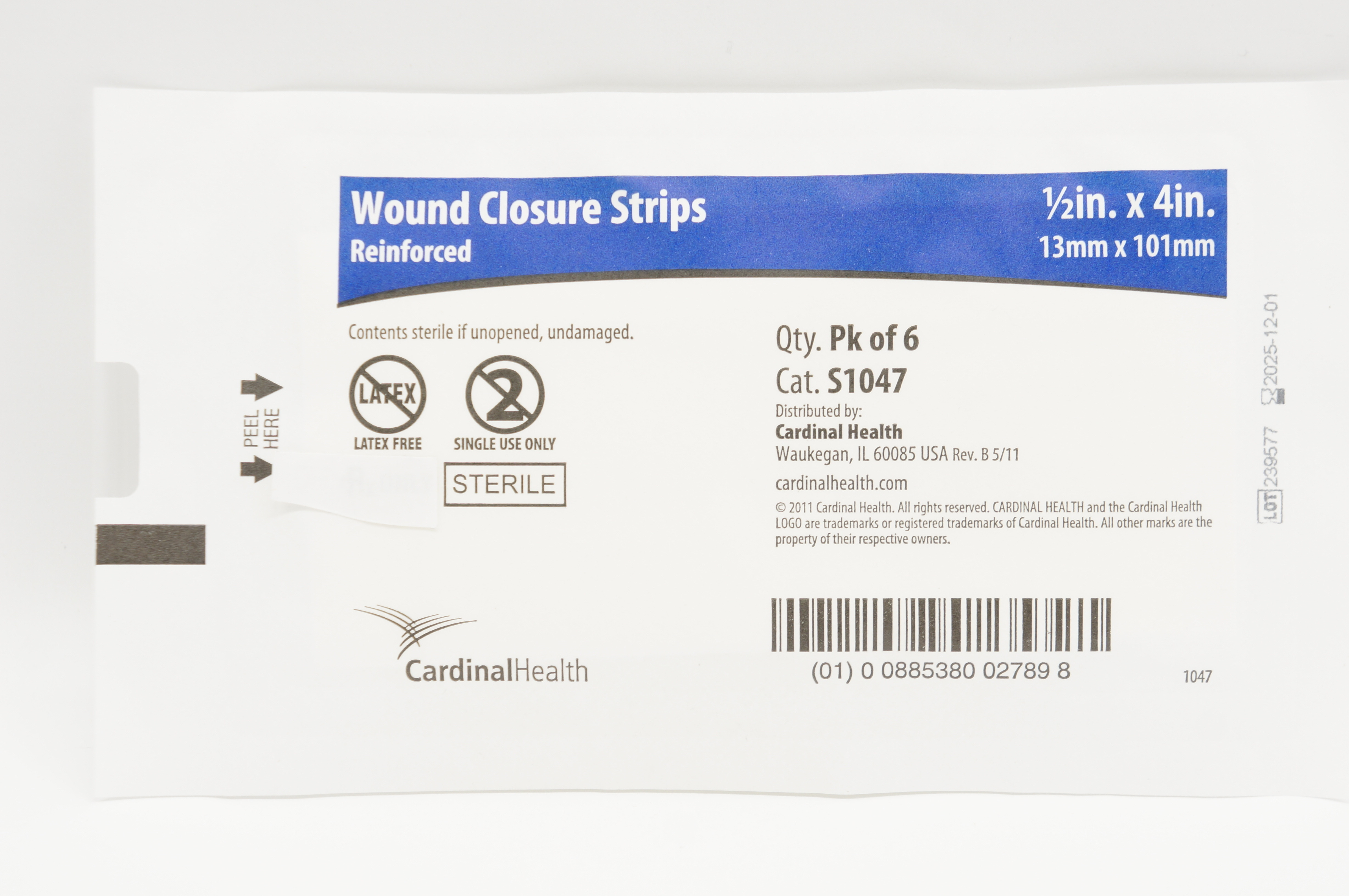 Cardinal Health S1047 Wound Closure Strips Reinforced 1/2inch x 4inch-Pack of 6