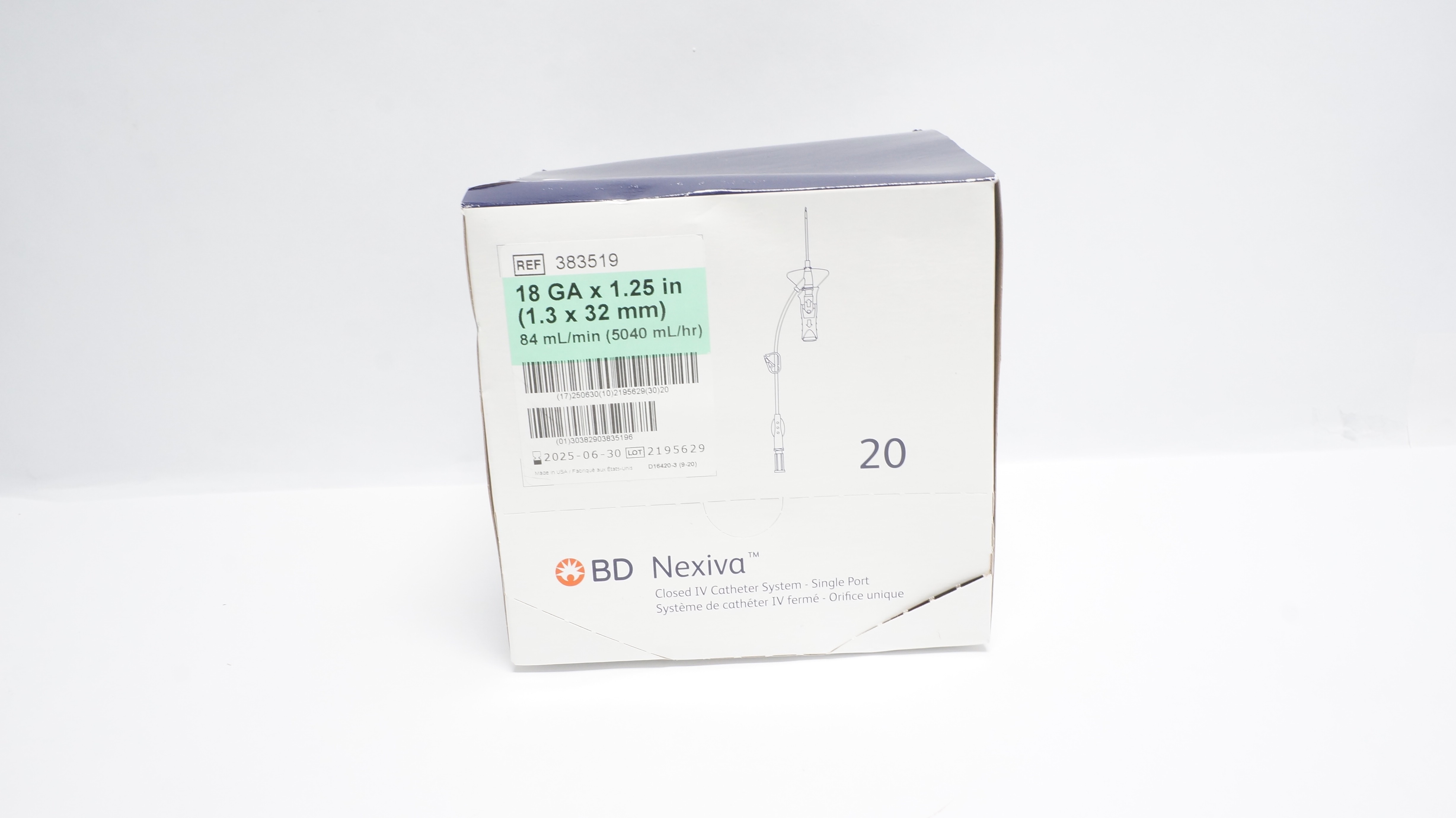 BD 383519 Nexiva Closed IV Cath. System 18Ga x1.25inch 84ml/min (x) - Box of 20