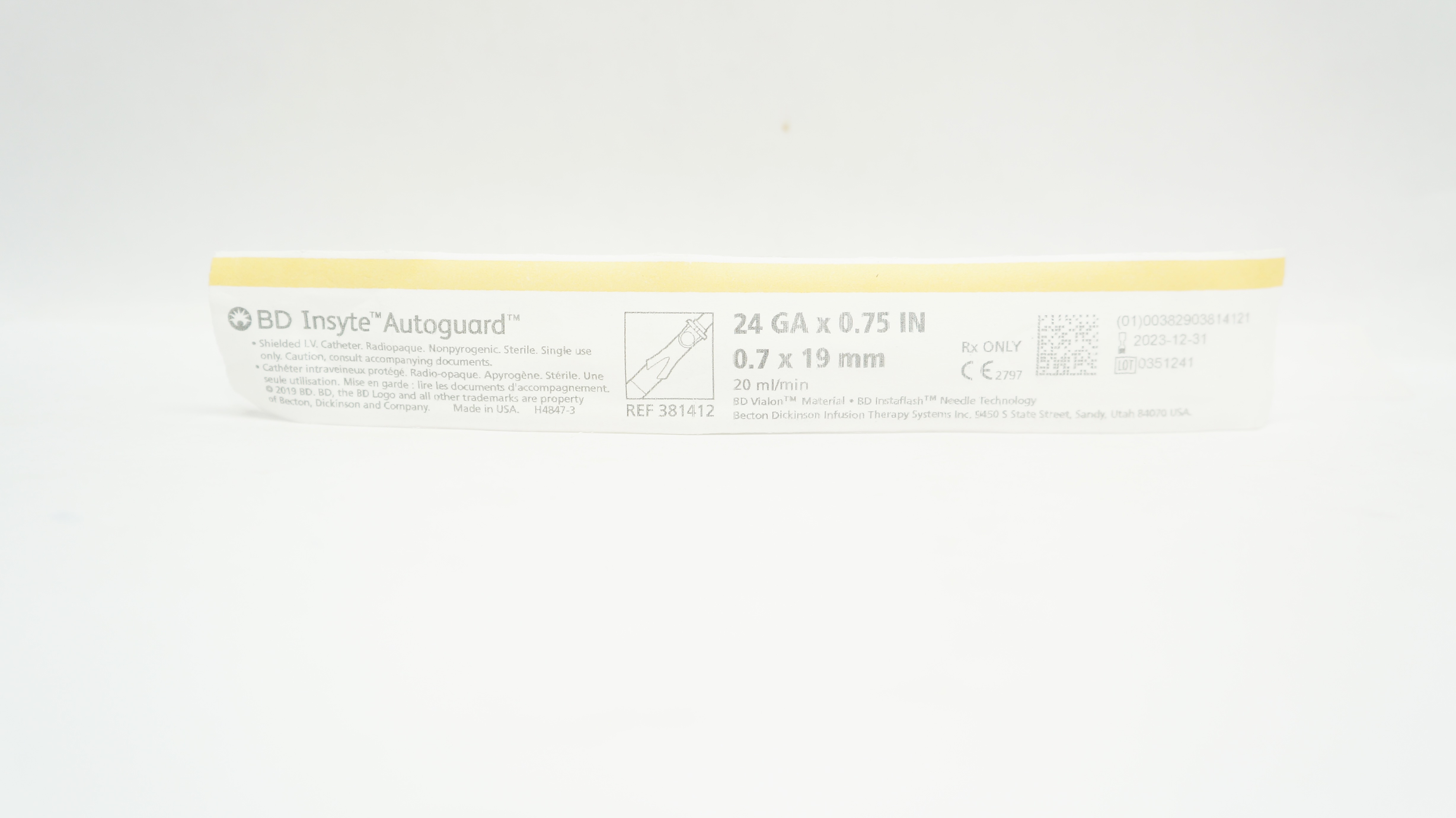 BD 381412 BD Insyte Autoguard Shielded I.V. Cath. 24Ga x 0.75 inch 20ml/min