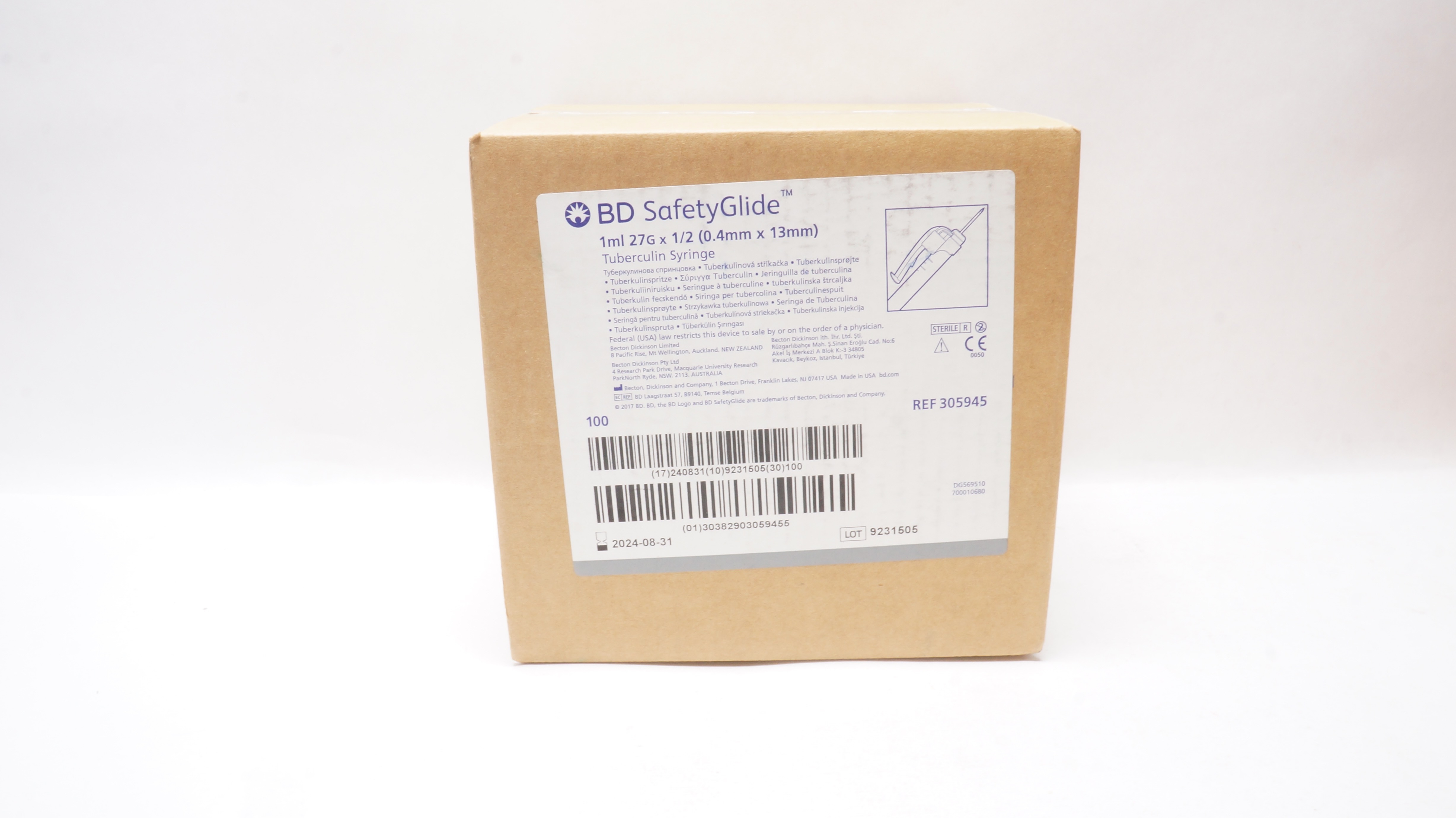 BD 305945 SafetyGlide Tuberculin Syringe, 1ml 27G x 1/2 - Box of 100