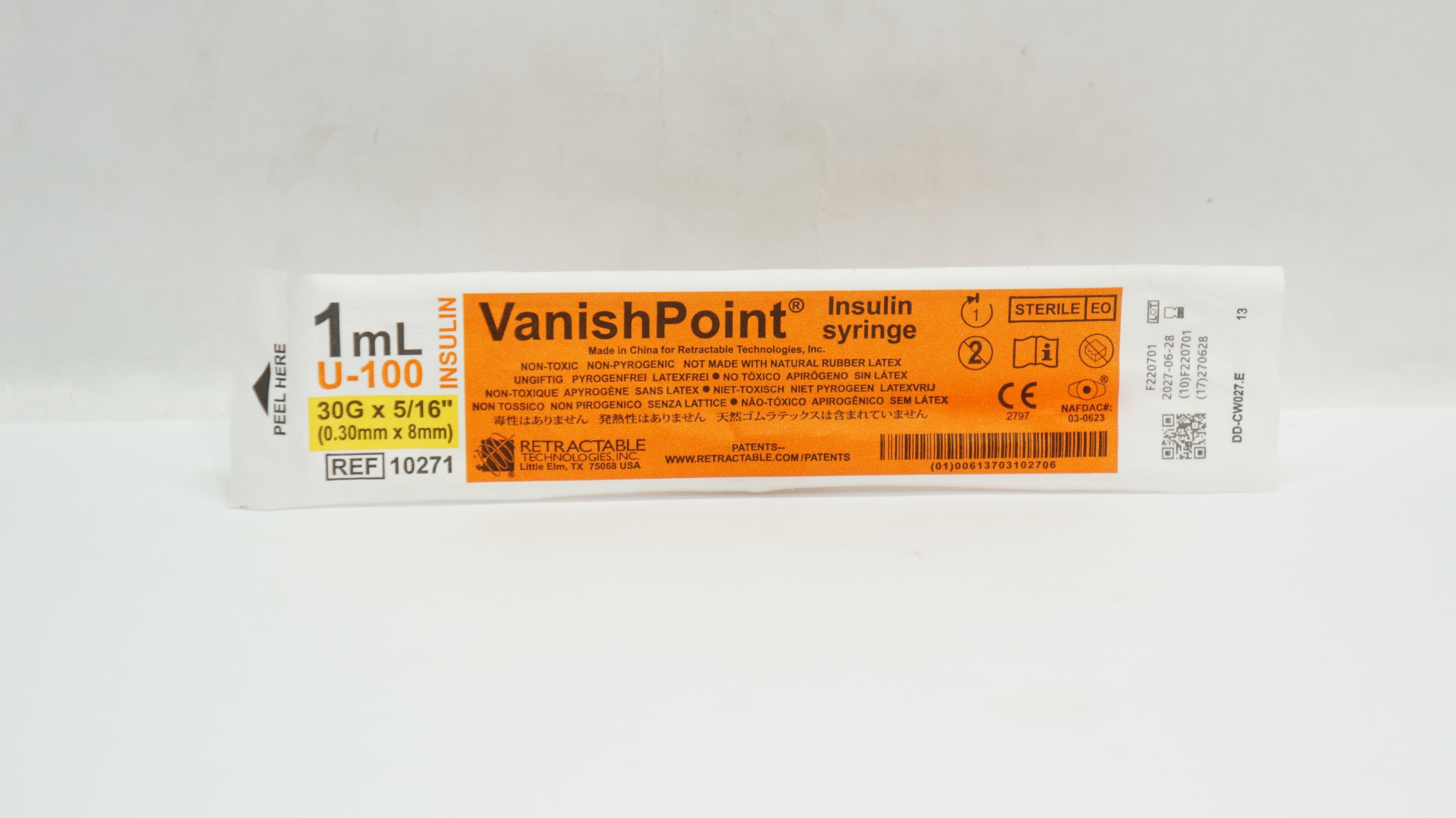 Retractable 10271 Vanish Point Insulin Syringe 1mL U-100 30G x 5/16inch