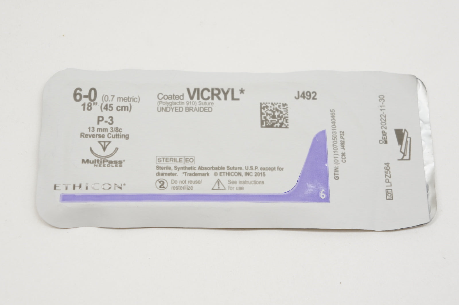 Ethicon J492 6-0 VICRYL, P-3, 13mm 3/8c Reverse Cutting, 18inch